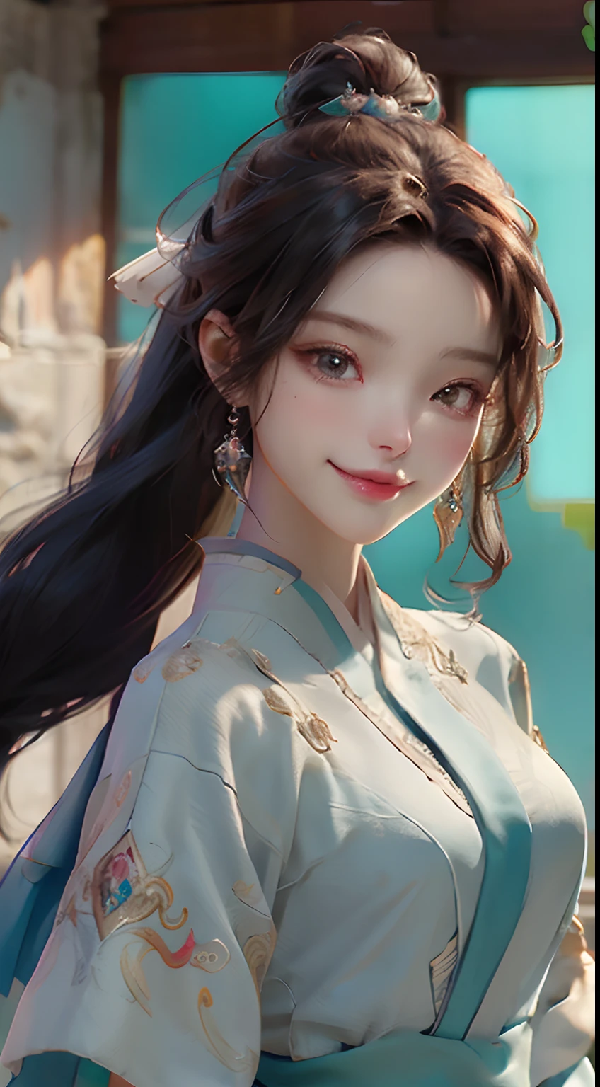 8k, La mejor calidad, Obra maestra, ultrahigh resolution, 1 girl, Hermosos ojos y detalles faciales, Obra maestra, La mejor calidad, Parte superior del cuerpo, Obra maestra, Excelentes detalles, Detalles de pintura de alta calidad, Belleza absoluta que respira, 鎖骨, Cuello delgado, long eyeslashes, Ojos dulces con gusanos de seda mentirosos, Dynamic Angle Problem Extreme Picture Quality, sonrisa encantadora, labios brillantes, Supple Fair and Translucent Skin, Detalles enriquecidos, colores brillantes, fuerte contraste, Efectos de luz suave, Esquema claro, Streamlined, sonrisa encantadora, ojos brillantes, Proporciones corporales perfectas, cintura delgada, (con una falda transparente de tul de cuello alto, (hombros: 1.3, 鎖骨, senos grandes, escote)),