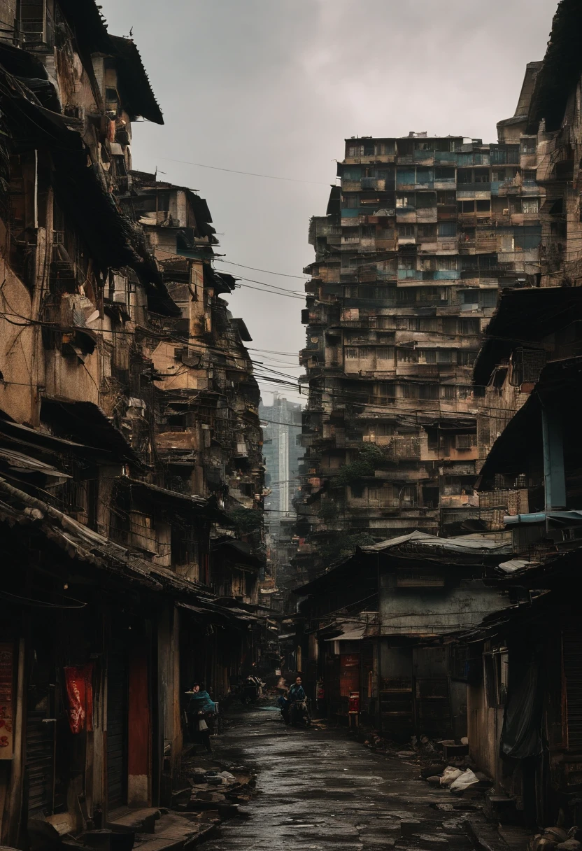 Cinema lenses,cinmatic lighting,Photo ,Dark thirties,Ruined city,Hong Kong movie scenes,Kowloon Walled City,Cluttered city characters