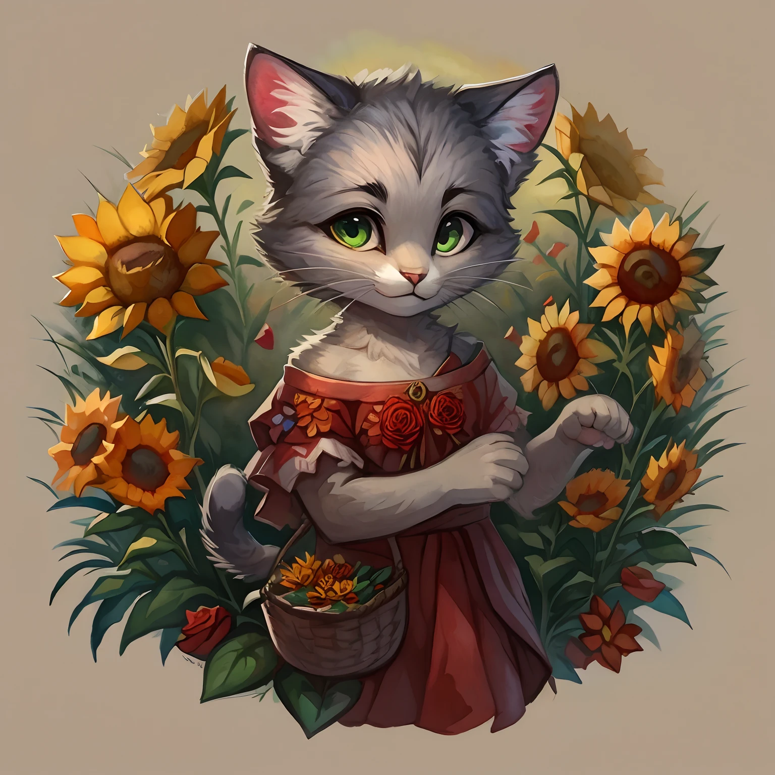 A picture of a adorable cat, cat has gray fur, cat has green eye, realistic amine cat, cute baby face cat, cat has long fluffy fur, cat in the a beautiful valley, valley has a large variety of flowers including forget-me-nots, the background of the scene is in watercolors, other flowers in the valley are lilies, lilac, lavender, roses, sunflowers, and carnations