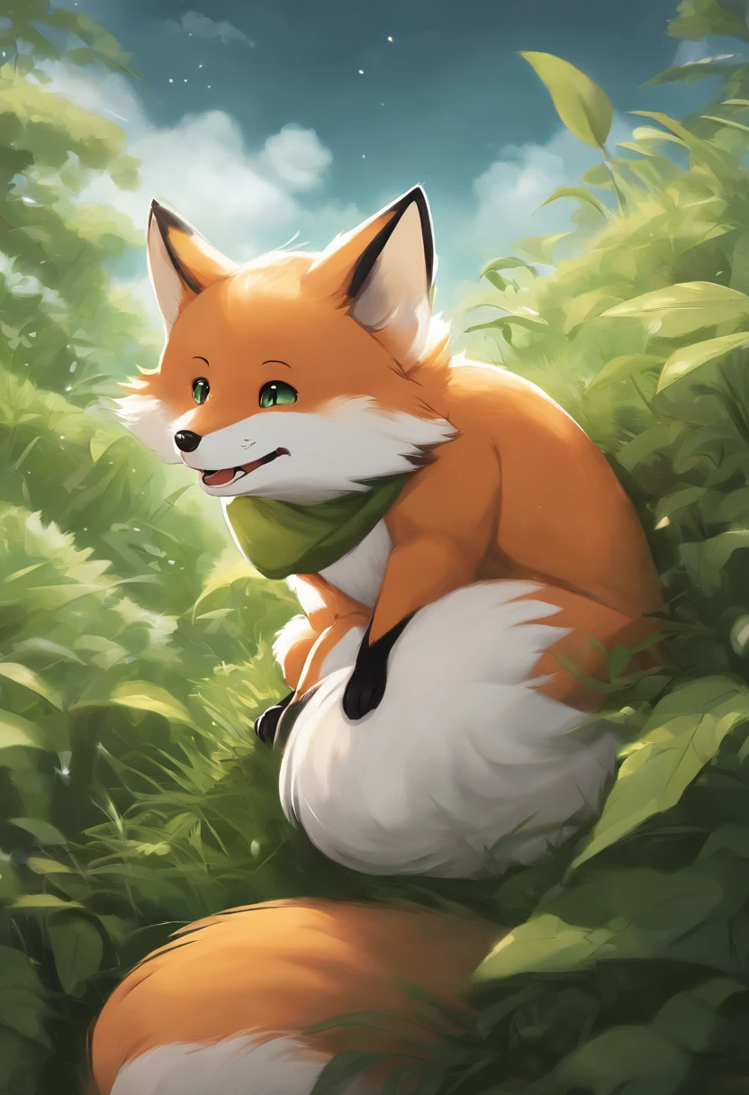 A cute little fox with green eyes and a black hoodie with fox ears coming through the hood. The picture looks like the work of the Makoto Shinkai. the fox is sitting in the sky on top of one cloud, the fox has his eyes closed and is happy. Fox is far in the picture. Fox is small, lovely, cute and happy. masterpiece, best quality