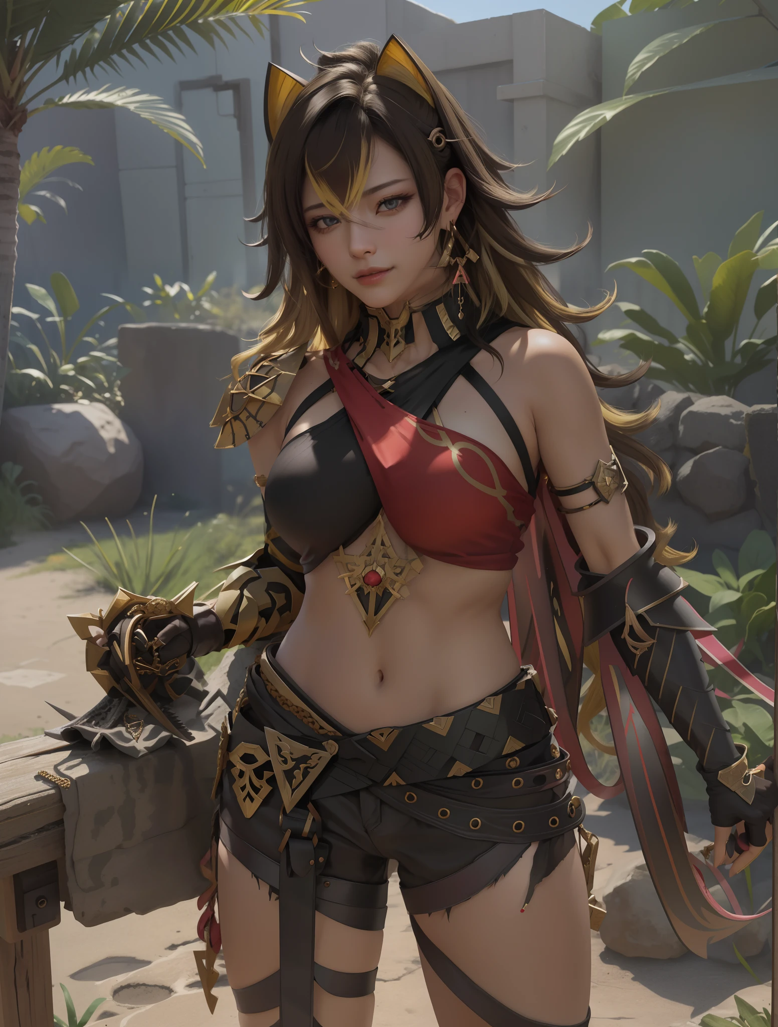 ((masutepiece)), (Best Quality:1.7), (Detailed:1.4), (hight resolution:1.4), 8K, (Colorful:1.5), 2D, High resolution, Sharp Images, Raw photo, Dehya_Genshin, 1girl in, (((Solo))), Black hair, Long hair, Blue eyes, big eye、A smile, middle body, Big breasts, Blonde bangs, Cat ears, ((middle body)), Black pants, Shirt,Torn clothes, Cowboy Shot, (((Jewelry))), Black Gloves, (((armor))), thighs thighs thighs thighs, 鎖骨, Official Custom Rep, Armor Choker, A desert, cleavage, Parted lips, striated hair, Midriff, Hair intake, dark skinned female, halterneck, armlet, Black Gloves, ((criss-cross halter)), Torn clothes, Belt bag, Red Nails, nail polish, (((Armor Armlet))), fingerless glove, Two-tone breasted, ((thighs thighs thighs thighs)), angry, Serious, closes mouth, Narrow eyes, eye line, ((Looking at Viewer)), Red chest, ((Bare legs)), Sunset, Gloves with claws, hand on own hip, (((shoulder armer))), Armor Bracelet, Belt Armor, (earrings), Gold Chain, ornaments, ((Partial blonde hair)),