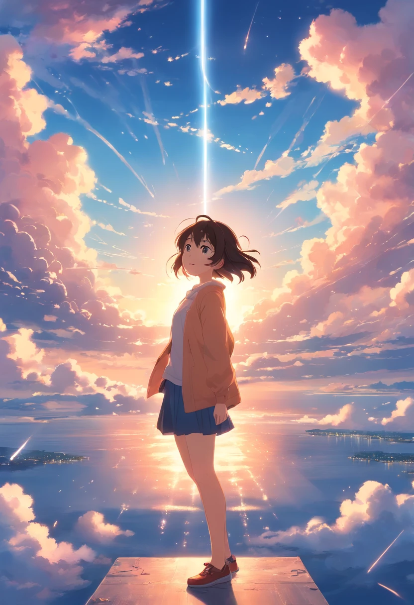 masterpiece、top-quality、Movie stills、1girl、Dark hair、parka、Cloud Girl、floating in sky、a closeup、发光、happiness、Warm soft lighting、the setting sun、(Spark:0.7)