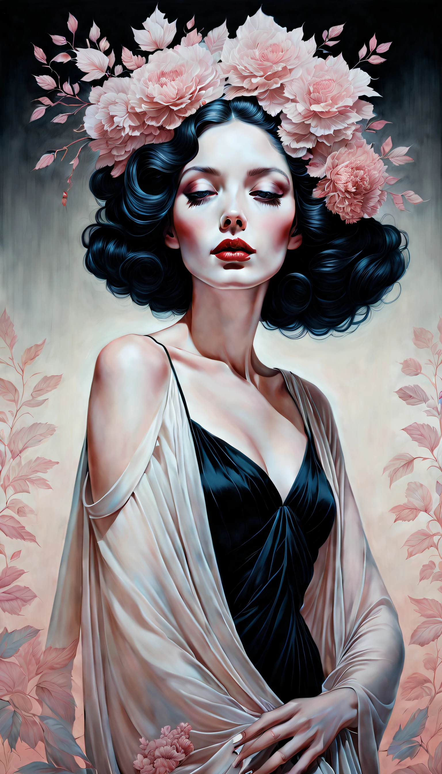chiaroscuro technique on sensual illustration of an elegant woman, vintage queen, eerie, matte painting, by Hannah Dale, by Harumi Hironaka, extremely soft colors, hint of vibrant, highly detailed, digital artwork, high contrast, dramatic, refined, tonal,