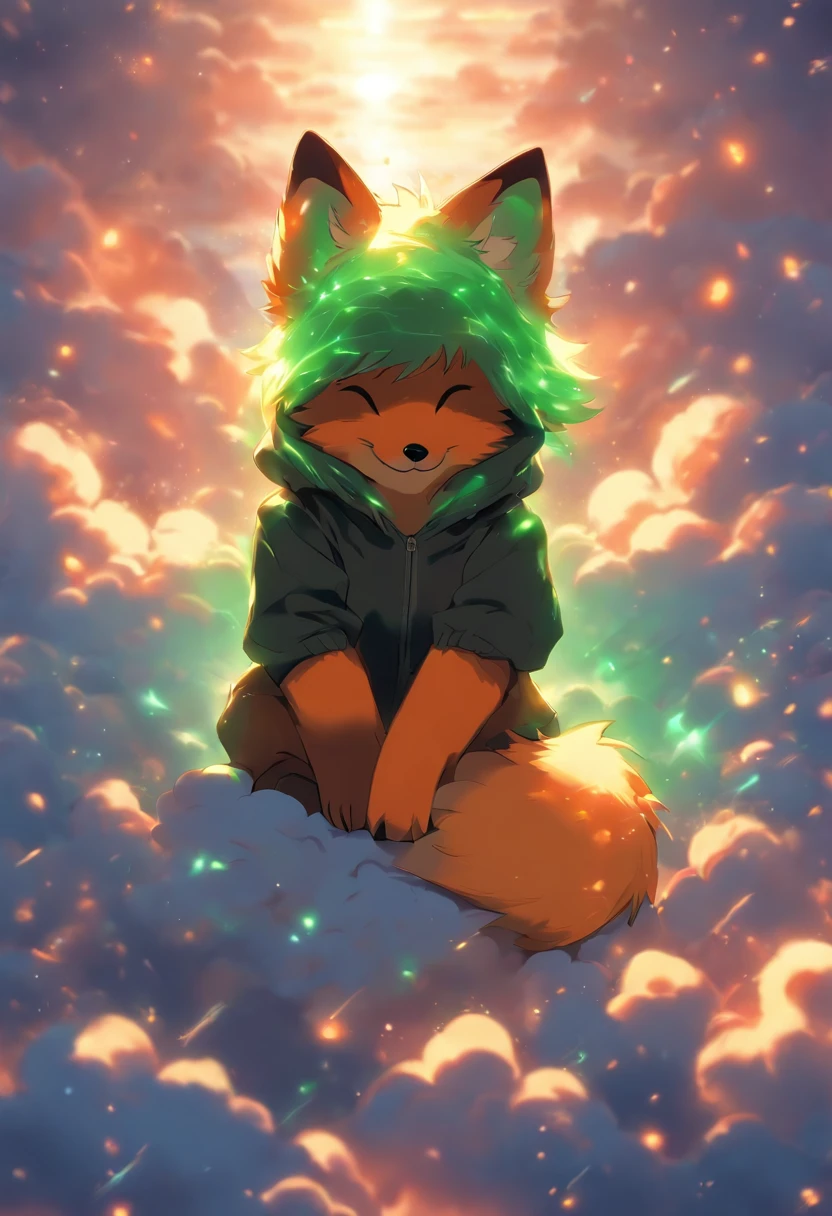 A cute little fox with green eyes and a black hoodie with fox ears coming through the hood. The picture looks like the work of the Makoto Shinkai. the fox is sitting in the sky on top of one cloud, the fox has his eyes closed and is happy. Fox is far in the picture. Fox is small, lovely, cute and happy. masterpiece, best quality