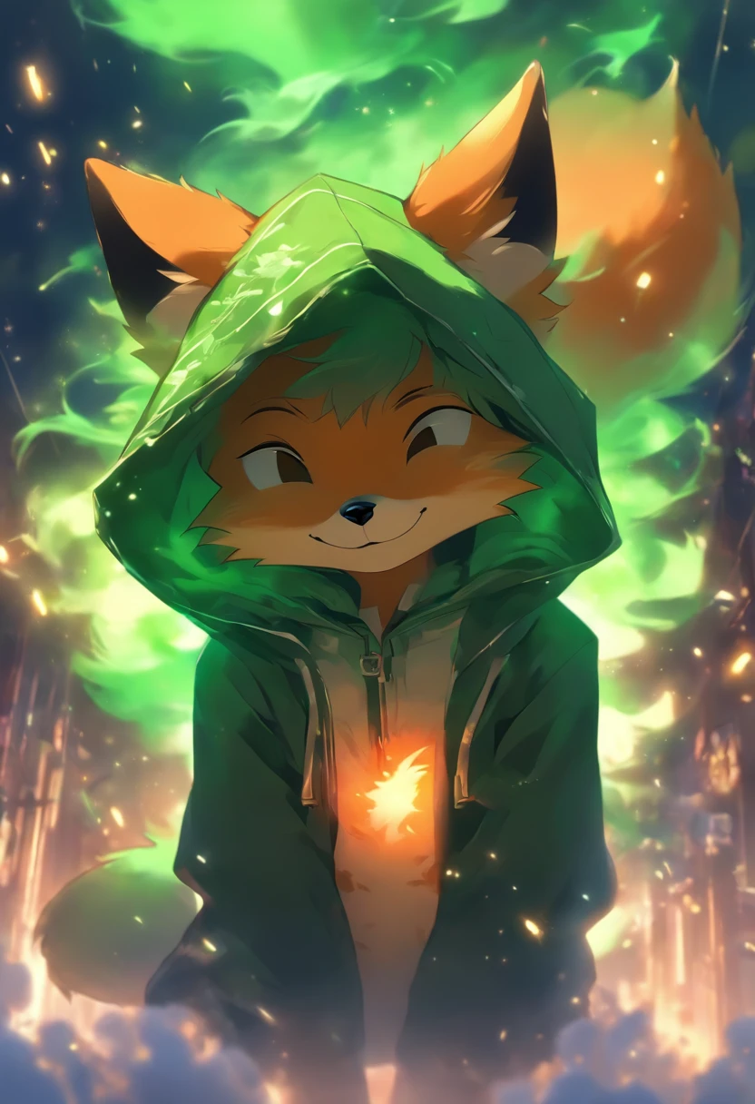 A cute little fox with green eyes and a black hoodie with fox ears coming through the hood. The picture looks like the work of the Makoto Shinkai. the fox is sitting in the sky on top of one cloud, the fox has his eyes closed and is happy. Fox is far in the picture. Fox is small, lovely, cute and happy. masterpiece, best quality