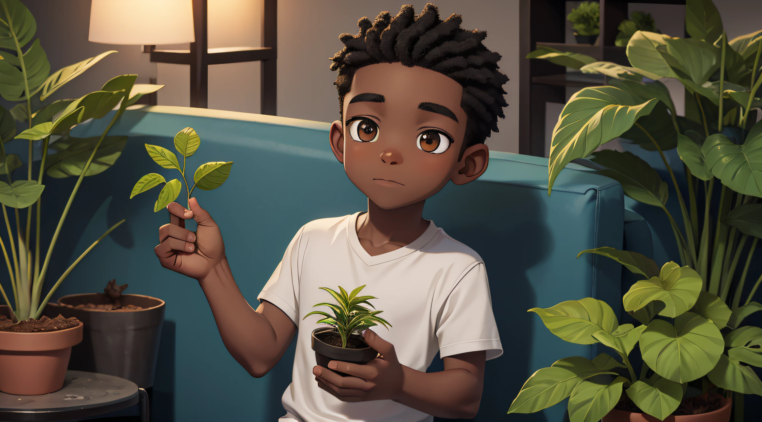 african boy boy holding a small plant.