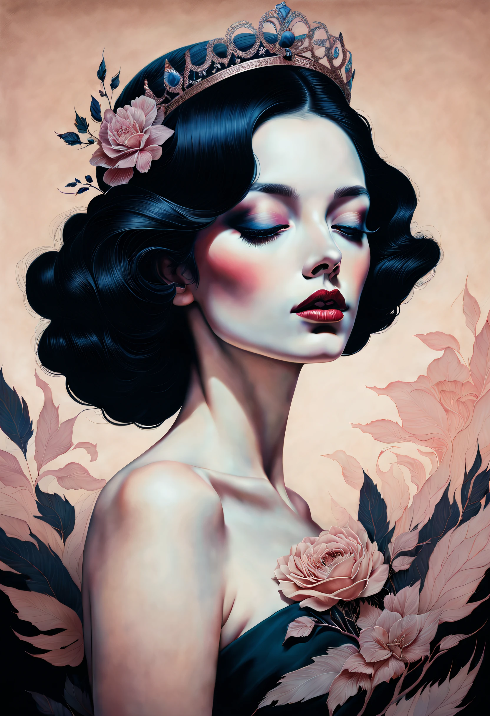 chiaroscuro technique on sensual illustration of an elegant woman, vintage queen, eerie, matte painting, by Hannah Dale, by Harumi Hironaka, extremely soft colors, hint of vibrant, highly detailed, digital artwork, high contrast, dramatic, refined, tonal,
