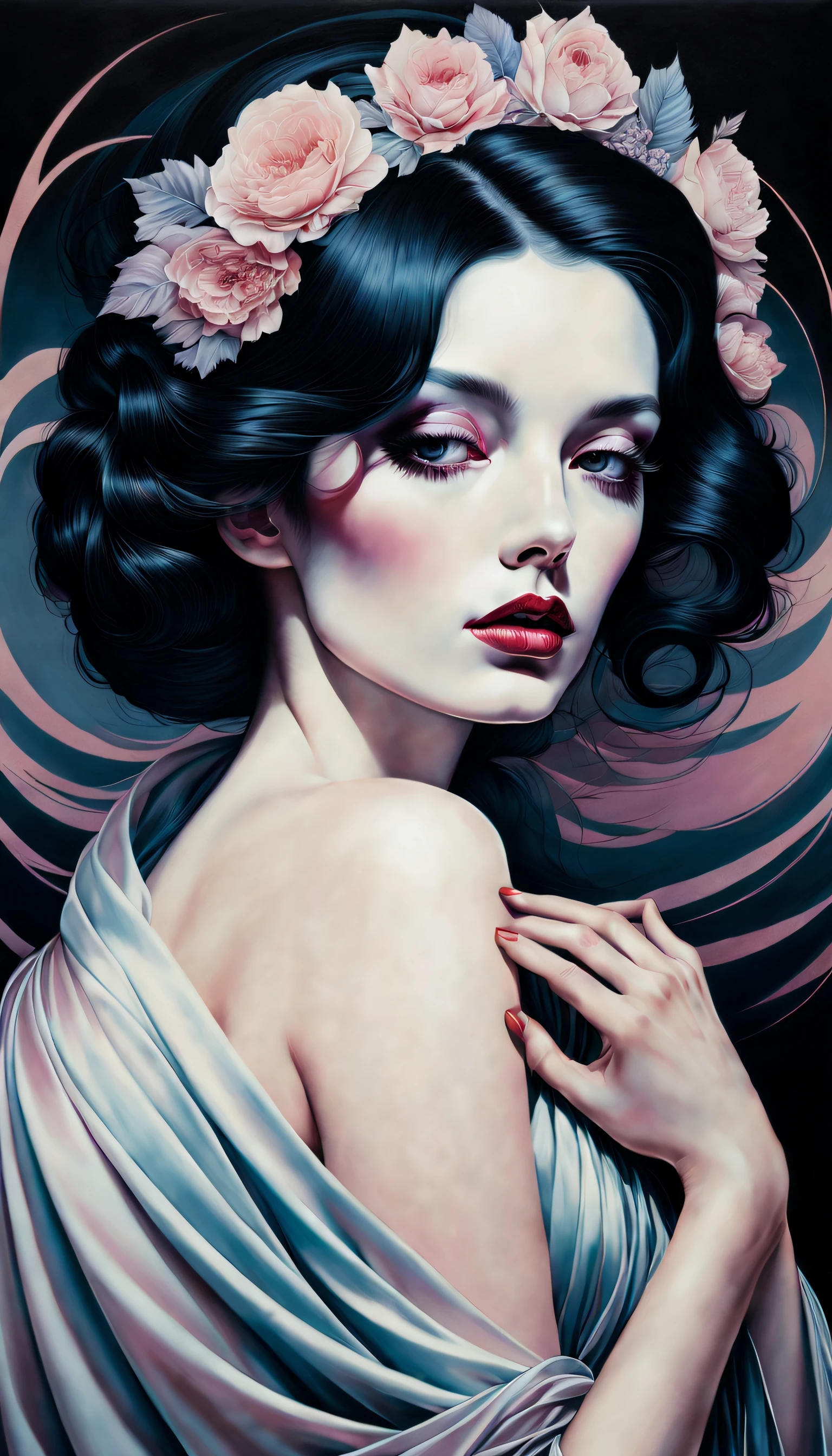 chiaroscuro technique on sensual illustration of an elegant woman, vintage queen, eerie, matte painting, by Hannah Dale, by Harumi Hironaka, extremely soft colors, hint of vibrant, highly detailed, digital artwork, high contrast, dramatic, refined, tonal,