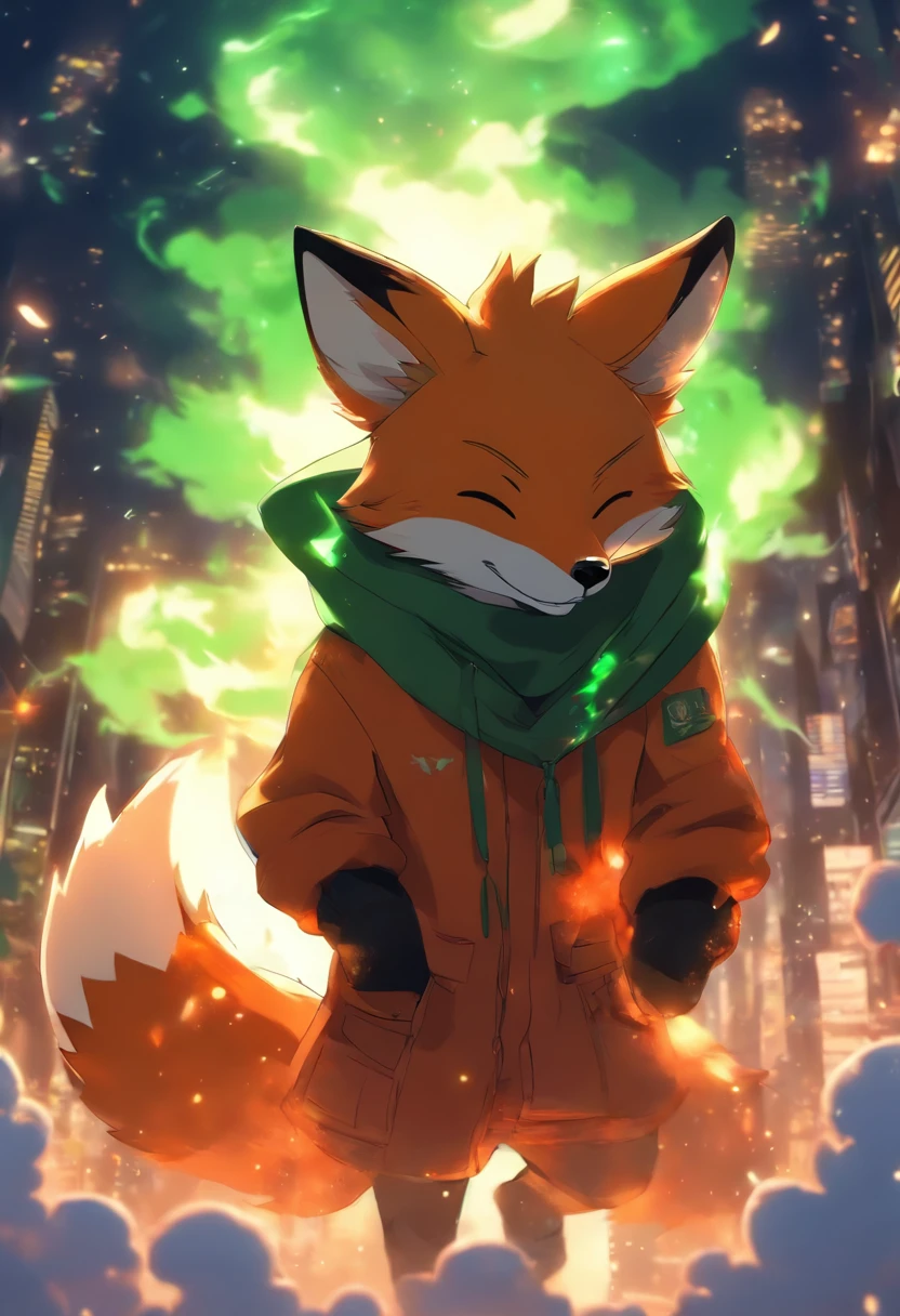 A cute little fox with green eyes and a black hoodie with fox ears coming through the hood. The picture looks like the work of the Makoto Shinkai. the fox is sitting in the sky on top of one cloud, the fox has his eyes closed and is happy. Fox is far in the picture. Fox is small, lovely, cute and happy. masterpiece, best quality