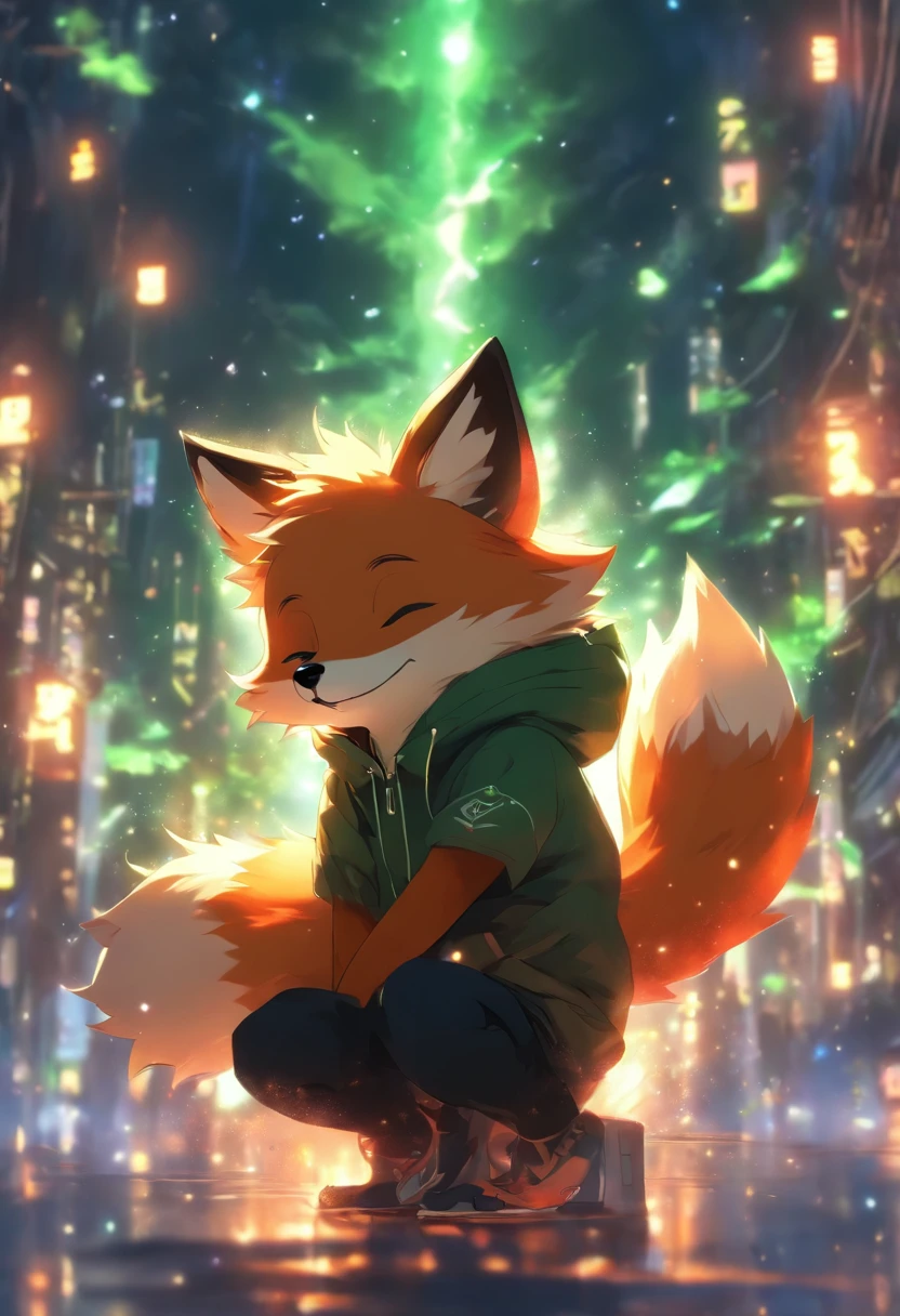 A cute little fox with green eyes and a black hoodie with fox ears coming through the hood. The picture looks like the work of the Makoto Shinkai. the fox is sitting in the sky on top of one cloud, the fox has his eyes closed and is happy. Fox is far in the picture. Fox is small, lovely, cute and happy. masterpiece, best quality