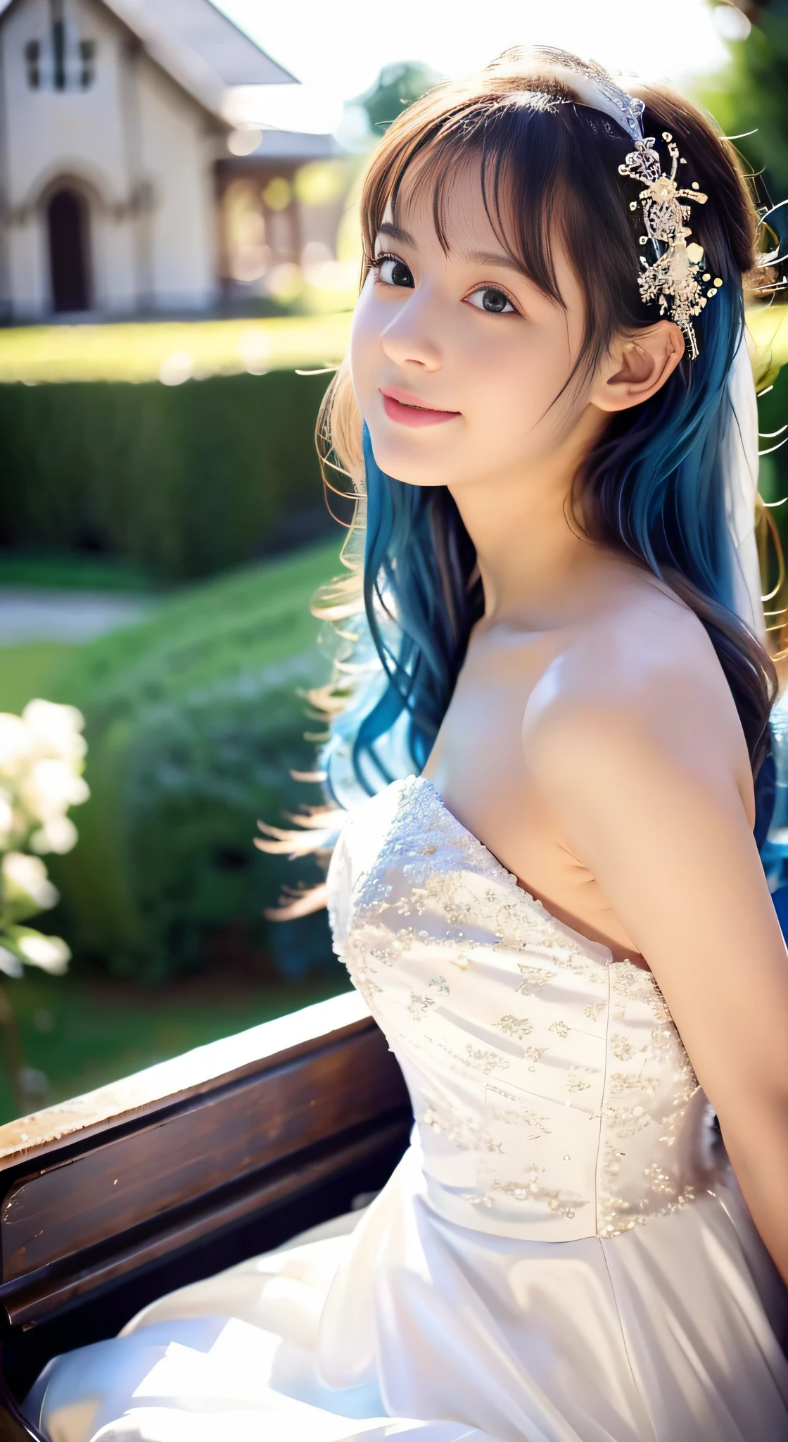 （32ｋ,high detal,high-resolutionhigh-resolution,Attention to detail,full body Esbian,1 girl：1.3）,Raw photo & realistic atmosphere,beautiful dark blue eyes,Detailed mouth,Glossy lips,Detailed eyebrows,Soft white skin that shines with every detail,Eyes drawn in detail、Blue eyes,Very beautiful eyes,Detailed lips、Very beautiful face,Very well-formed face、Lifelike face,shiny beautiful lips, Very beautiful bride, Japanese ido,Korean Idols,Japan fashion models, Japan Bride,Korean Fashion Models,Very beautiful but cute１5 year old loli girl,with a flushed face,Incredibly cute１6-year-old bride,（A church with glittering light shining through stained glass and a fantastic atmosphere,Rejoice as if dancing,Cute 16 year old girl frolicking like dancing:1.4）,（Cinematic scenes：1.3）,（discreet well-shaped breasts,Immature body,Moist eyes,kindly smile：1.2）,（Neat and elegant１6 year old beautiful girl,From below,Be curious,taken from the under,Wide-angle shooting from below,Very blue hair,Hair is neatly rolled up and tied on the head,１6-year-old loli girl１a person,The skin of the whole body feels moisturized,Wearing a voluminous bright white prom dress with detail design,White tights,Neat pretty loli girl with baby face,Sexy Beautiful Girl,Medium chest,beautiful hair decoration,Luxurious and beautiful ornaments,Red rose petals soar into the air,Bride with a graceful and noble impression,Dressed in the bride's costume,blue hairs,Blue hair,long  skirt,Bride Costume,Sit on the piano of the association,Impressive portrait of Jesus Christ：1.6）