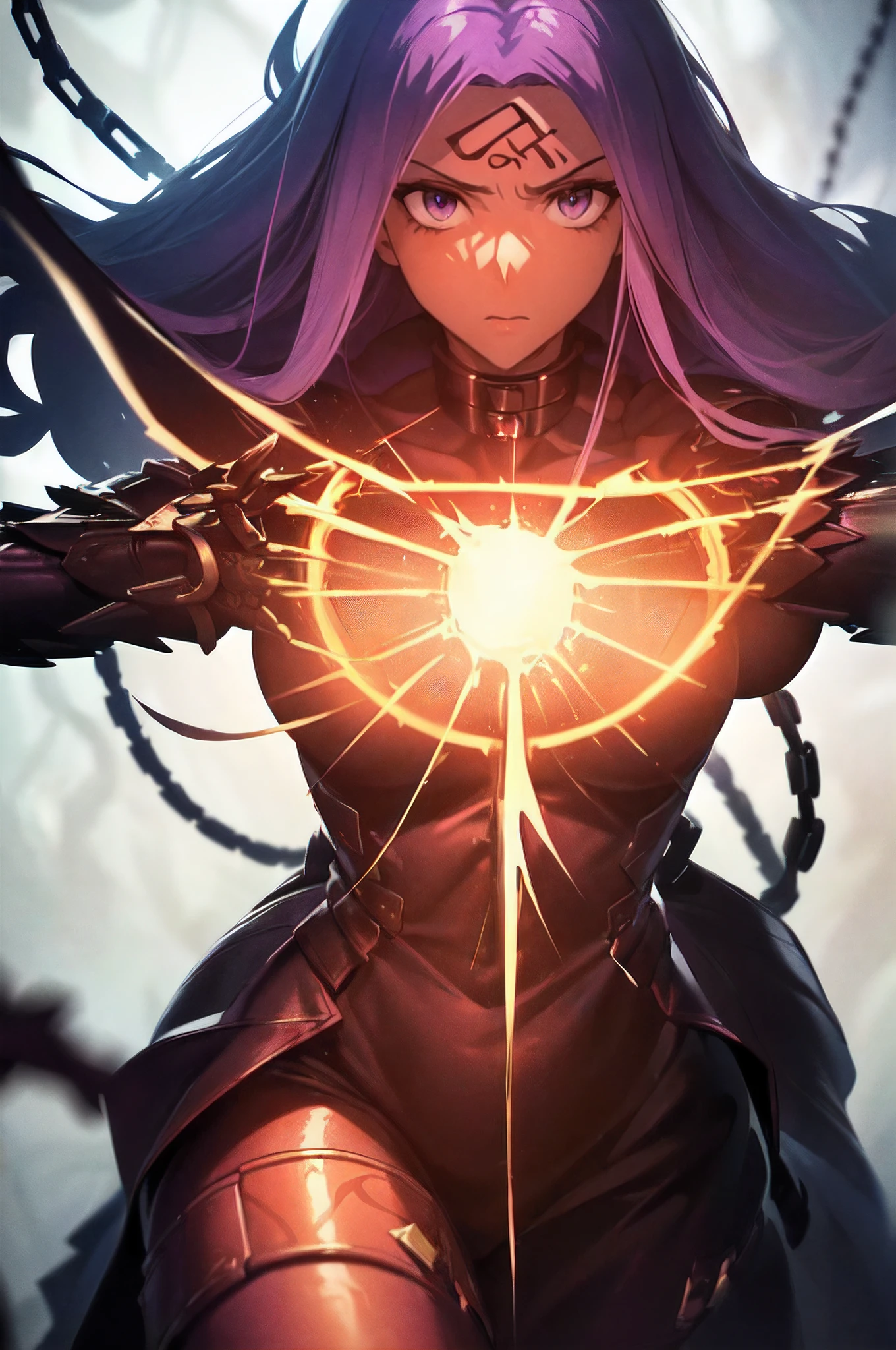 (masterpiece, best quality, high resolution:1.3), Rider/Medusa from Fate/Stay Night, (exquisitely beautiful:1.3), (exceptionally detailed:1.3), (intricately designed costume and armor:1.2), dual-wielding daggers with (sinister chains extending from their bases:1.2), (engravings of mythical serpents on dagger blades:1.1), (flowing ethereal chains creating a sense of movement:1.1), (deep purple eyes with intricate details:1.3), imposing presence, (threatening aura:1.2), (subtle wind-caressed strands of hair:1.1), (immersive and captivating background:1.2), (an ancient battlefield with remnants of defeated foes:1.1), (ominous storm clouds gathering in the sky:1.2), (best lighting conditions with flashes of lightning:1.2), (Fate/Stay Night's top-tier character rendering:1.1), (ambient lighting accentuating character's beauty:1.2), (Sony A7R IV camera for unparalleled quality:1.2), (paired with a Sony FE 85mm f/1.4 GM lens:1.2), (capturing the nuanced details of the character design:1.1), (enhancing the immersive and threatening atmosphere:1.1), (delivering an image of extraordinary beauty and intensity:1.1).