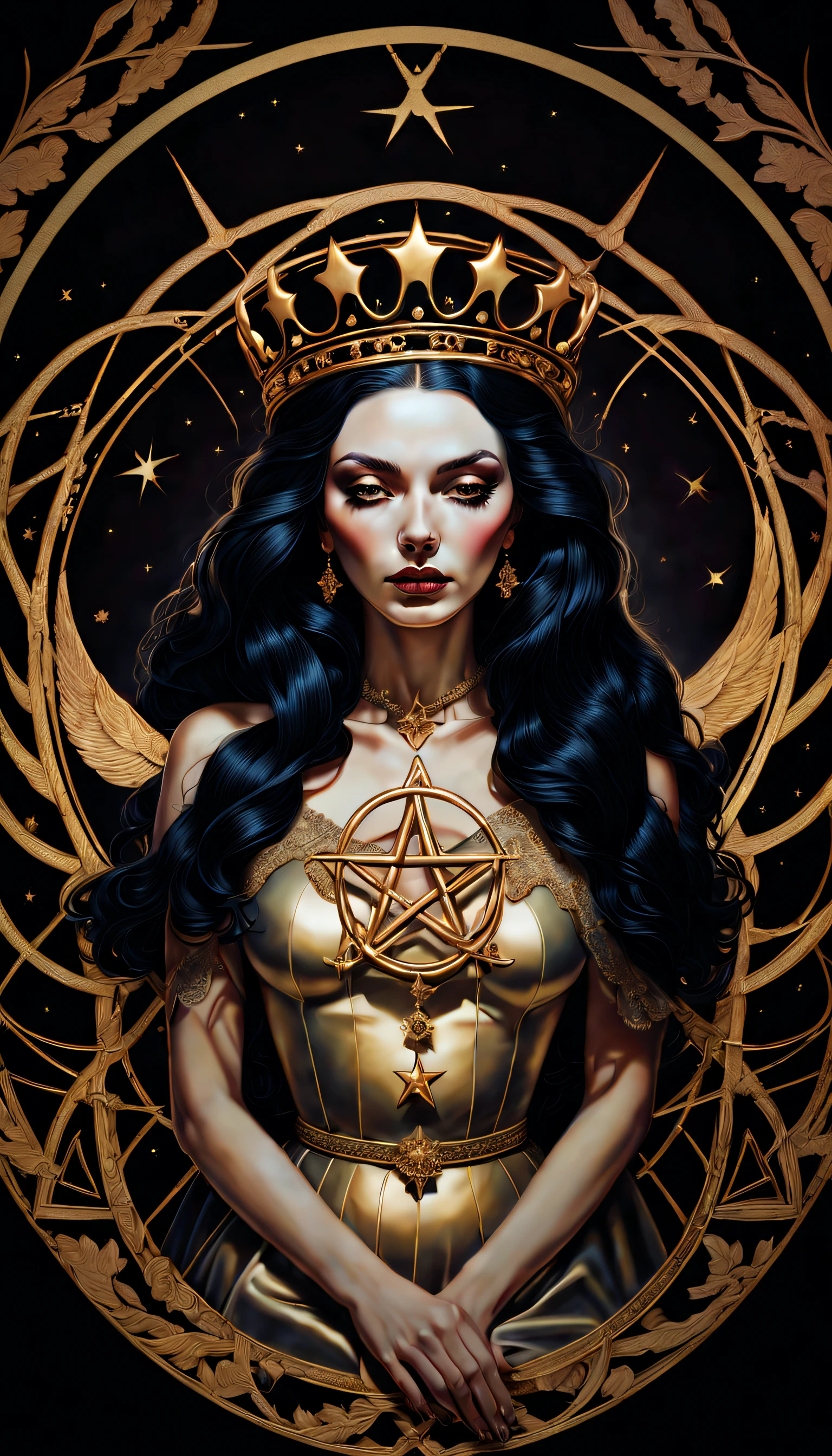 chiaroscuro technique on sensual illustration of an queen of pentacle, vintage queen, eerie, matte painting, by Hannah Dale, by Harumi Hironaka, extremely soft colors, hint of gold vibrant, highly detailed, digital artwork, high contrast, dramatic, refined, tonal, highest quality，??????? correct，ultra-wide-angle，depth of fields
