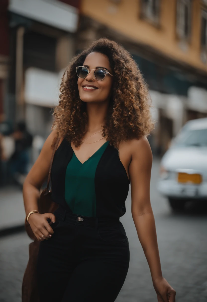 Mulher jovem, magra, pele clara, cabelo liso e preto, tem sardas, wears glasses, usa roupas sociais