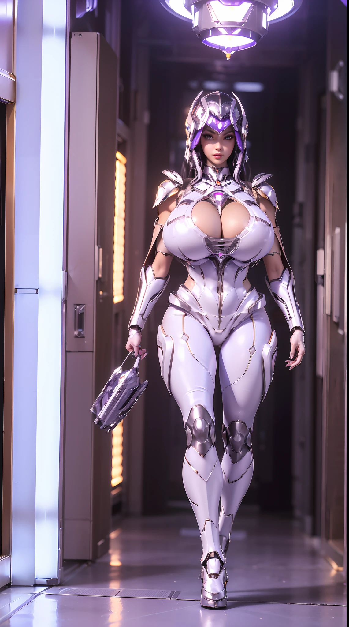 (1GIRL, SOLO), (ssmile, makeup, beautifull eyes, red libs, black hair, phoenix mecha helm), (BIG , HUGE :1.4), (PHOENIX MECHA GUARD ARM, GLOVES:1.3), (white, purple, MECHA CYBER SHINY ARMORED SUIT, ROYAL CAPE, CLEAVAGE, MECHA SKINTIGHT PANTS, GUARD ARMOR LEGS, HIGH HEELS:1.4), (MUSCULAR BODY,  LONG LEGS, FULL BODY:1.5), (MUSCLE ABS:1.2), (LOOKING AT VIEWER:1.3), (WALKING DOWN HALLWAY OF FUTURISTIC SPACE STATION, BRIGHT LIGHTING IN THE ROOM:1.3), PHYSICALLY-BASED RENDERING, ULTRA HIGHT DEFINITION, 16K, 1080P.