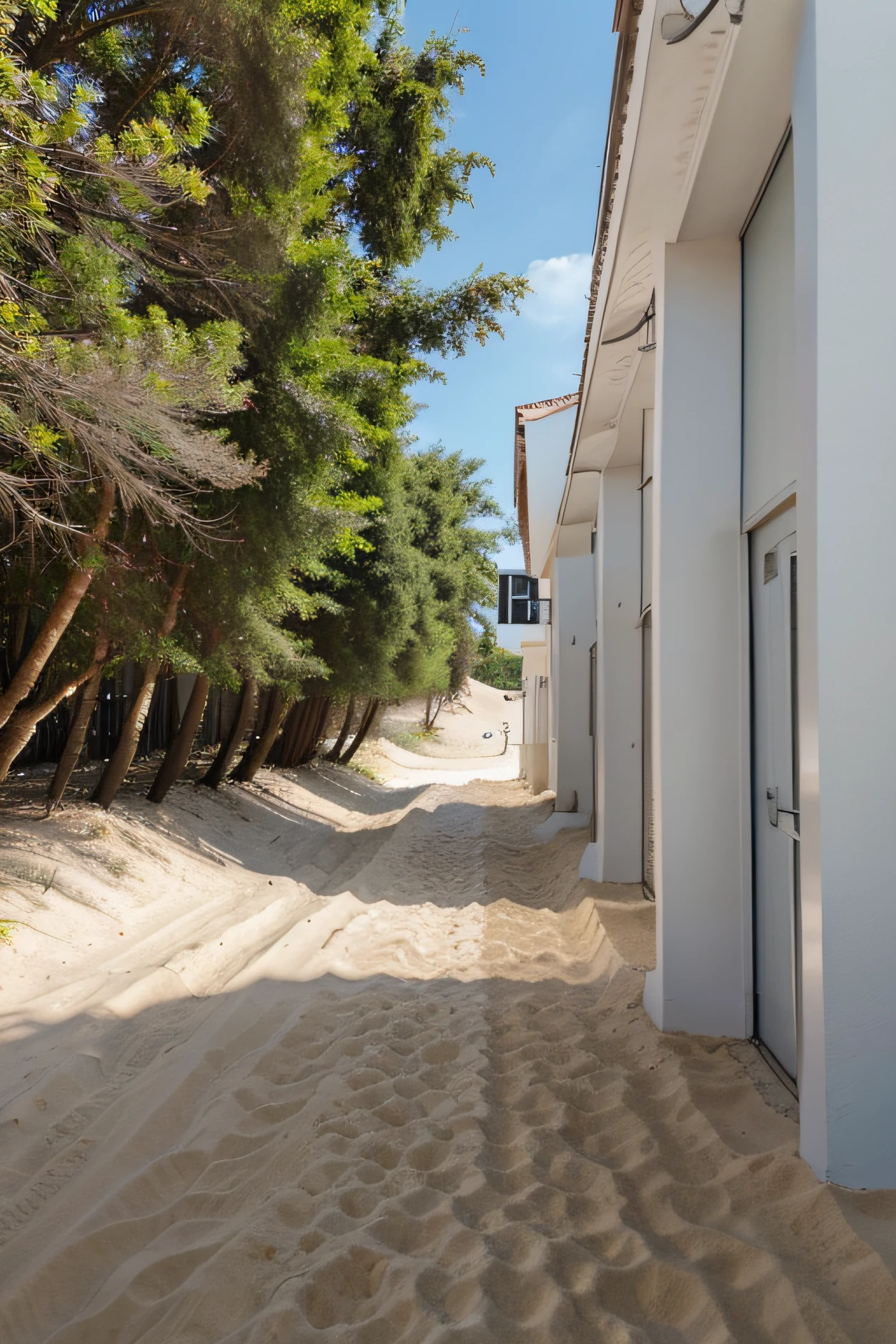 Strand, white sand, Blauer Himmel, Sandiger Gehweg, Palmen