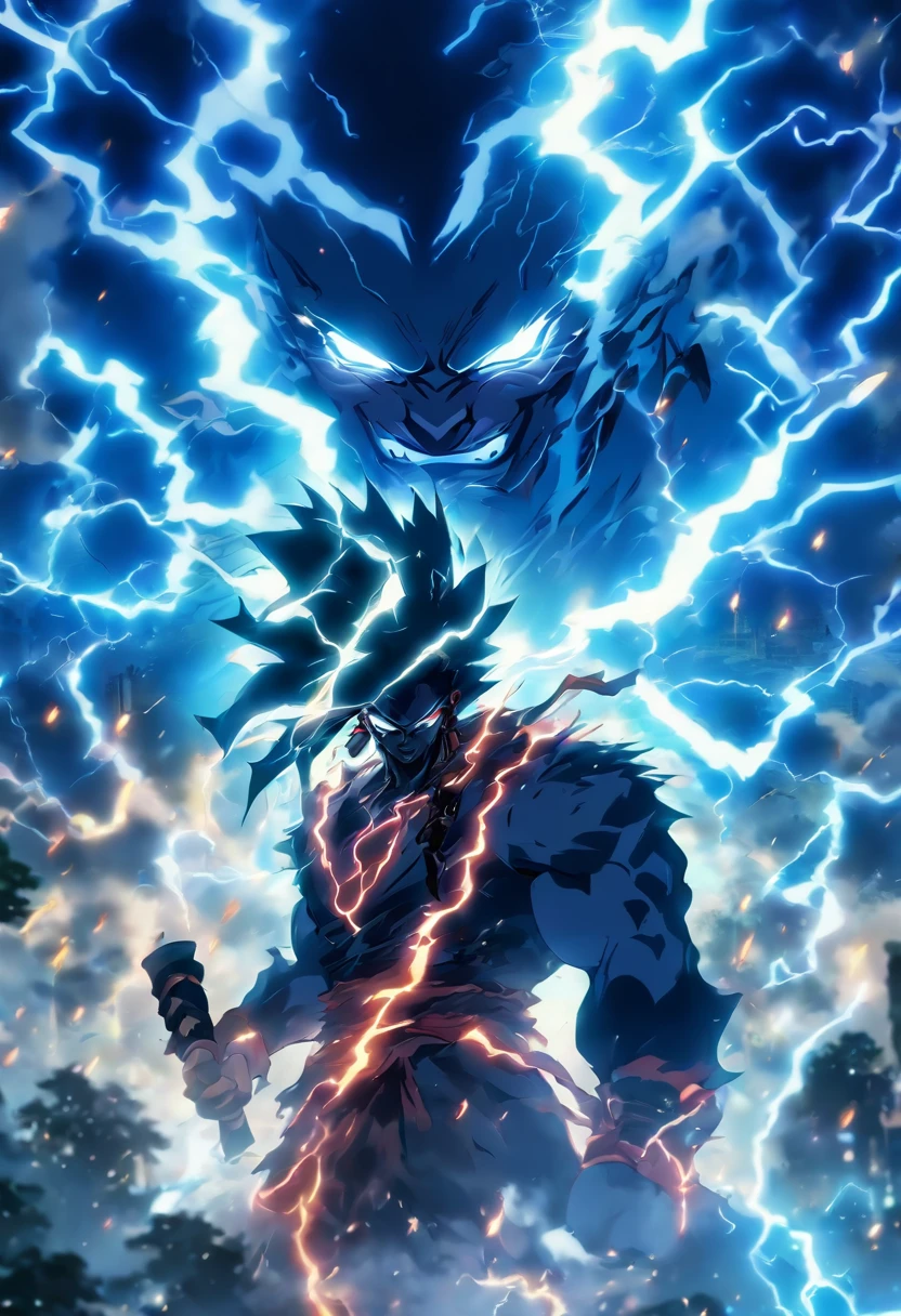 (((thunder demon))) best quality, very high resolution, 4K detailed CG, masterpiece,Raijin,storm,thunder, Shui mo Hua, Chinese tribes, Chinese city, forest, aesthetics, beautiful image, centered on screen , Whole body