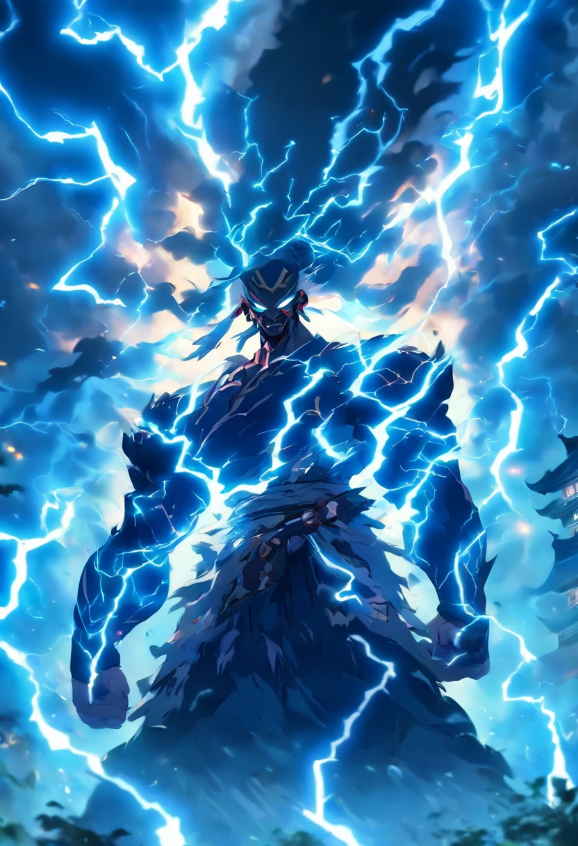 (((thunder demon))) best quality, very high resolution, 4K detailed CG, masterpiece,Raijin,storm,thunder, Shui mo Hua, Chinese tribes, Chinese city, forest, aesthetics, beautiful image, centered on screen , Whole body