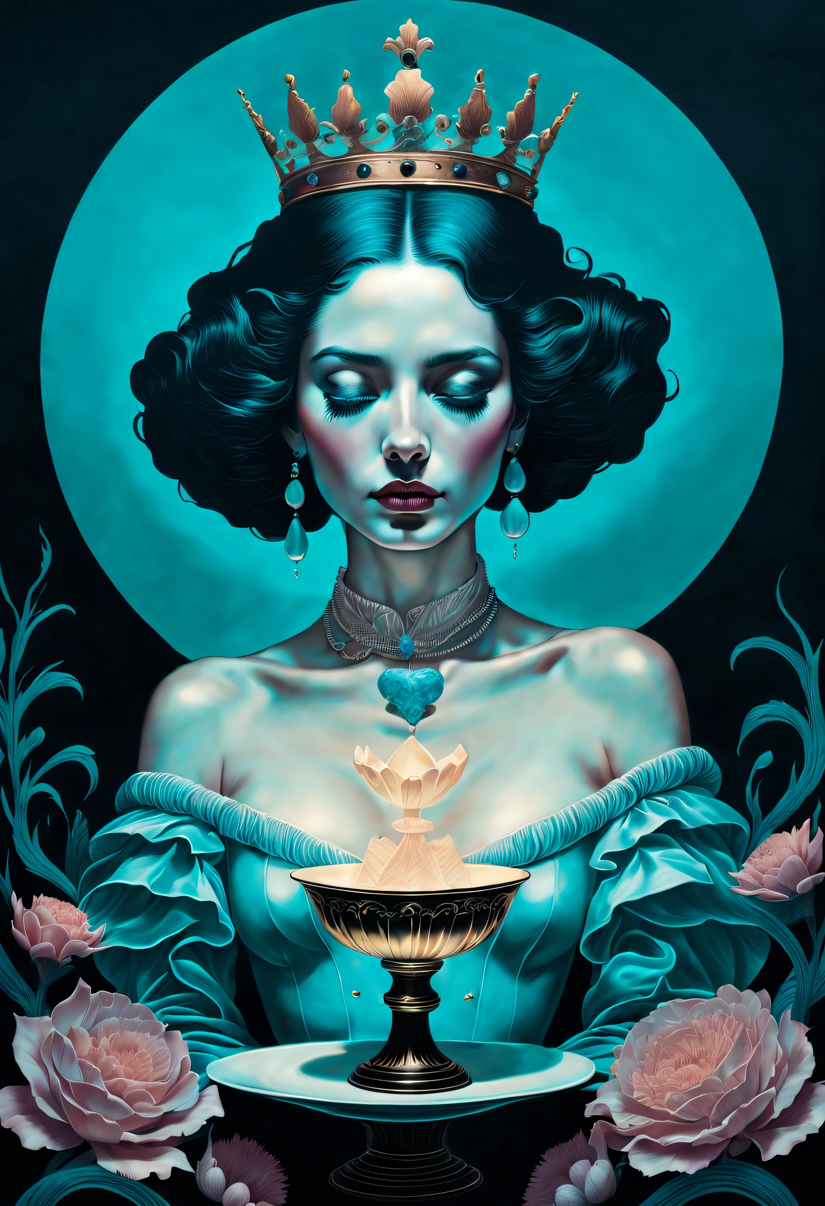 chiaroscuro technique on sensual illustration of an queen of cups, vintage queen, eerie, matte painting, by Hannah Dale, by Harumi Hironaka, extremely soft colors, hint of cyan vibrant, highly detailed, digital artwork, high contrast, dramatic, refined, tonal, highest quality，anatomy correct，ultra-wide-angle，depth of fields