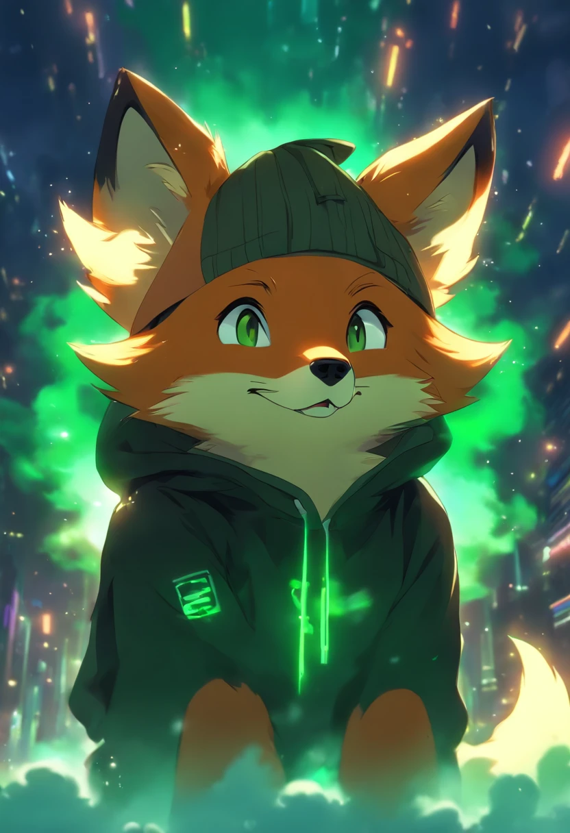 A cute little fox with green eyes and a black hoodie with fox ears coming through the hood. The picture looks like the work of the Makoto Shinkai. the fox is sitting in the sky on top of one cloud, the fox has his eyes closed and is happy. Fox is far in the picture. Fox is small, lovely, cute and happy. masterpiece, best quality