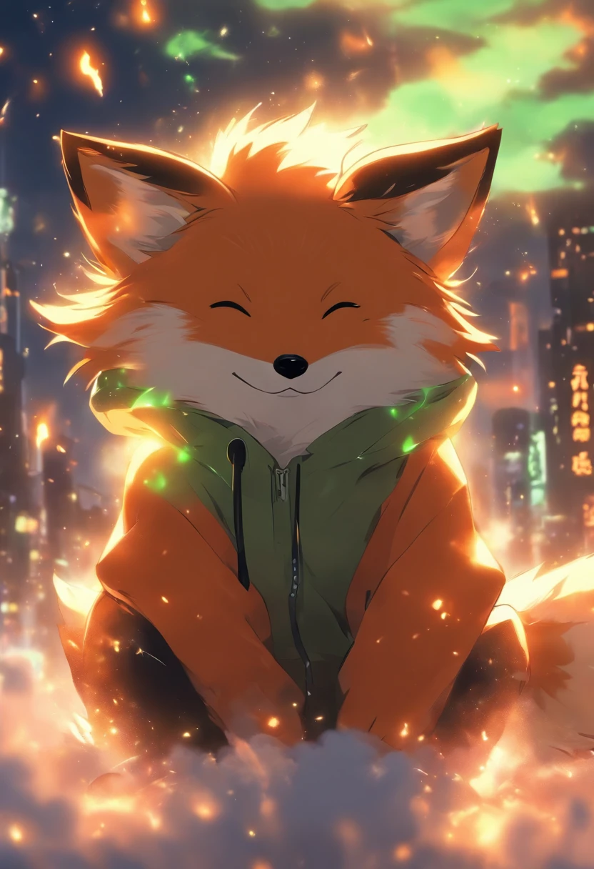 A cute little fox with green eyes and a black hoodie with fox ears coming through the hood. The picture looks like the work of the Makoto Shinkai. the fox is sitting in the sky on top of one cloud, the fox has his eyes closed and is happy. Fox is far in the picture. Fox is small, lovely, cute and happy. masterpiece, best quality