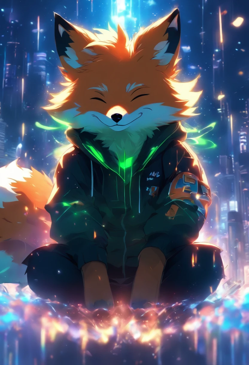 A cute little fox with green eyes and a black hoodie with fox ears coming through the hood. The picture looks like the work of the Makoto Shinkai. the fox is sitting in the sky on top of one cloud, the fox has his eyes closed and is happy. Fox is far in the picture. Fox is small, lovely, cute and happy. masterpiece, best quality
