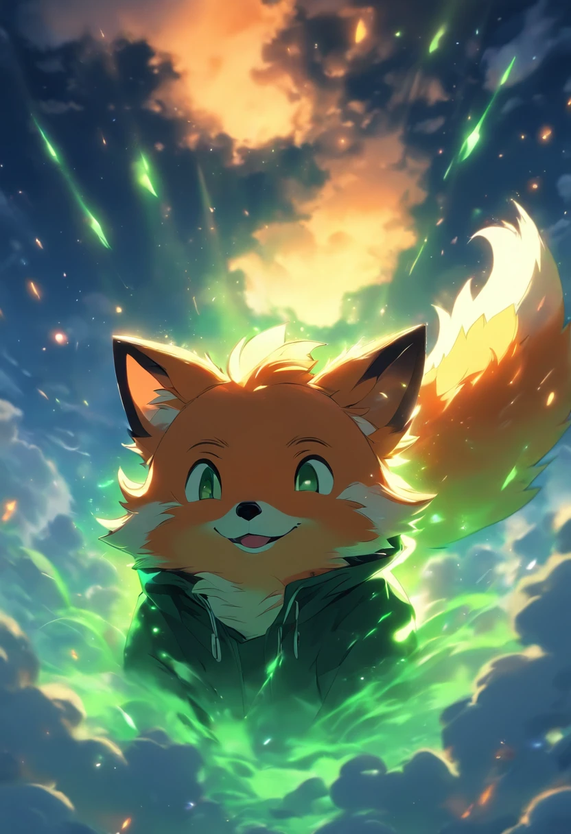 A cute little fox with green eyes and a black hoodie with fox ears coming through the hood. The picture looks like the work of the Makoto Shinkai. the fox is sitting in the sky on top of one cloud, the fox has his eyes closed and is happy. Fox is far in the picture. Fox is small, lovely, cute and happy. masterpiece, best quality