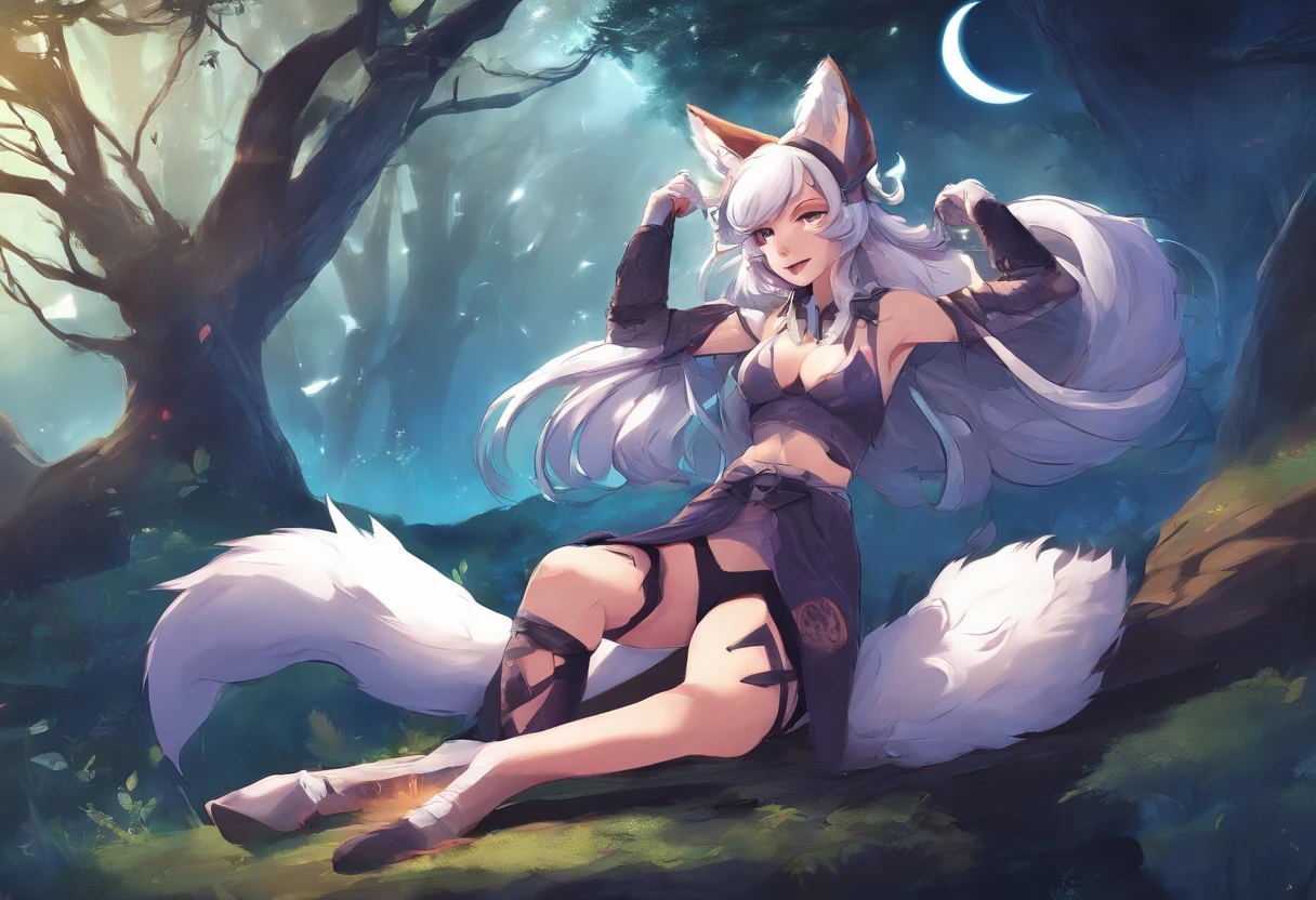 fox girl, fox ears, fox tail, multicolored hair and ears, white and blue hair, multicolored tail, big breasts, thick thighs, dark colored legwear, waving, blush, on the forest, night time, moon, glowing eyes, wide hips, blue eyes