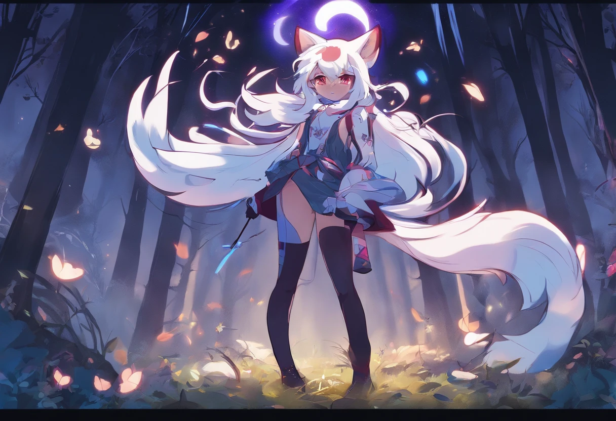 fox girl, fox ears, fox tail, multicolored hair and ears, white and blue hair, multicolored tail, big breasts, thick thighs, dark colored legwear, waving, blush, on the forest, night time, moon, glowing eyes, wide hips, blue eyes
