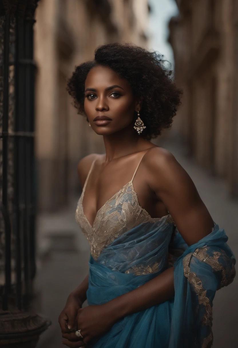 (Best quality,8k,Master part:1.3),mise au point nette:1.2,Detailed portrait of a beautiful African-American woman with a haunting expression. Son visage montre les effets de la toxicomanie - des joues creuses, Yeux creux, and worn skin. Despite the difficulties, There's a sense of resilience on his face. She is dressed in tattered clothes, reflecting your predicament. The background shows a dilapidated urban setting, depicting the stark contrast between her inner strength and the harsh realities of her life. Lighting emphasizes its characteristics, projetant des ombres profondes pour accentuer leurs luttes et leur parcours. La palette de couleurs est muette, avec des touches de bleus et de gris, symbolizing vulnerability and strength, corps parfait, generous breast, longue robe rouge sexy et exposant le corps, peau brillante.