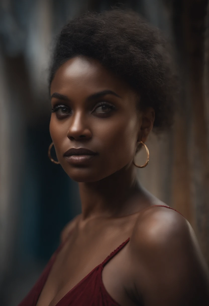 (Best quality,8k,Master part:1.3),mise au point nette:1.2,Detailed portrait of a beautiful African-American woman with a haunting expression. Son visage montre les effets de la toxicomanie - des joues creuses, Yeux creux, and worn skin. Despite the difficulties, There's a sense of resilience on his face. She is dressed in tattered clothes, reflecting your predicament. The background shows a dilapidated urban setting, depicting the stark contrast between her inner strength and the harsh realities of her life. Lighting emphasizes its characteristics, projetant des ombres profondes pour accentuer leurs luttes et leur parcours. La palette de couleurs est muette, avec des touches de bleus et de gris, symbolizing vulnerability and strength, corps parfait, generous breast, longue robe rouge sexy et exposant le corps, peau brillante.