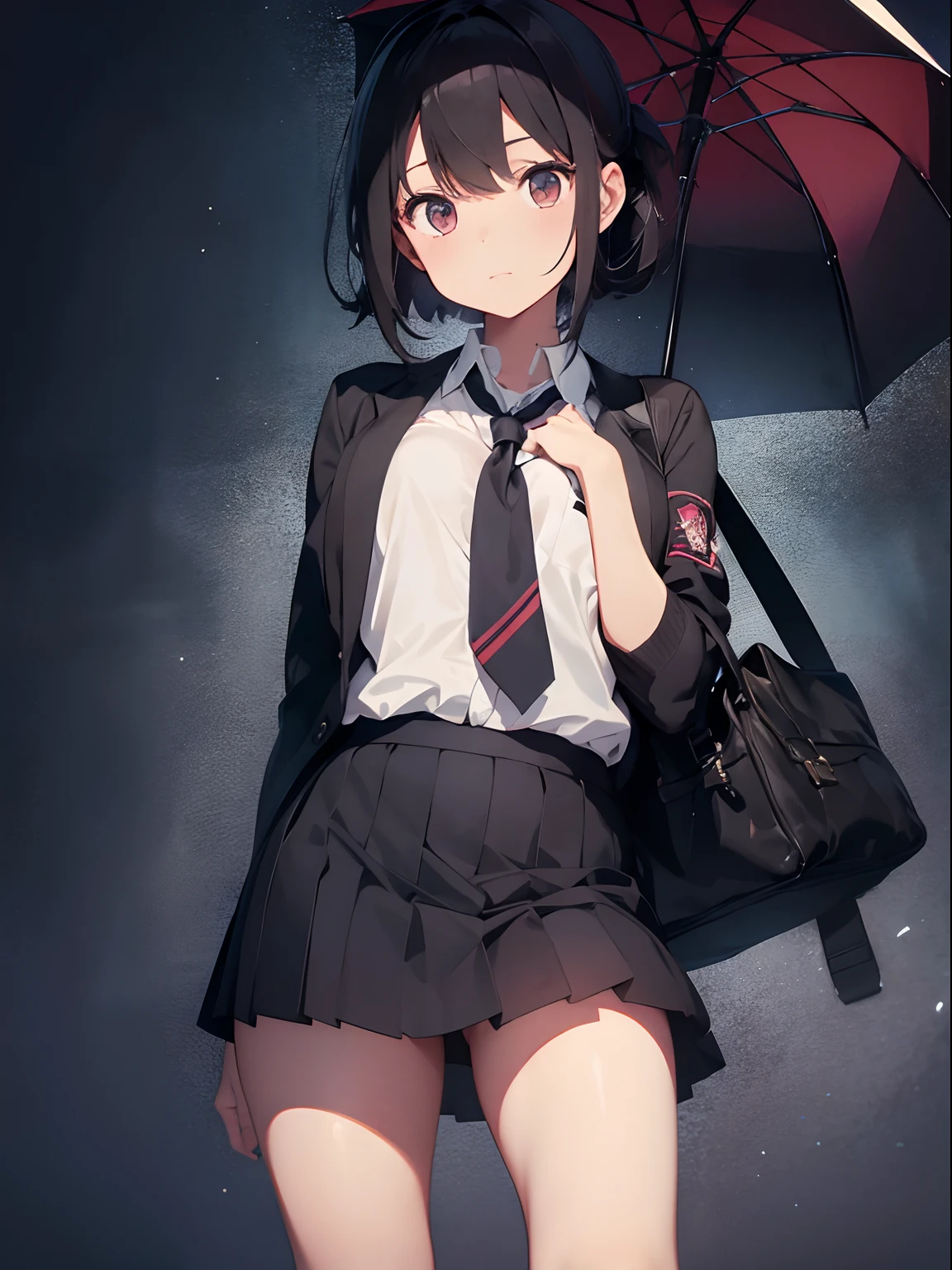 A beautiful girl wearing school uniform and loafers holding out a black umbrella for viewer, dark gloomy background
