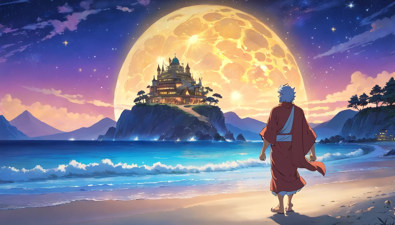 zeus walking on beach side to small tavern in olympus. midnight, starry sky, from behind