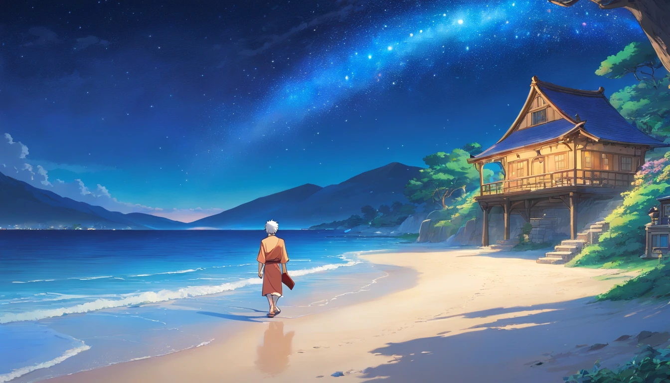 zeus walking on beach side to small tavern in olympus. midnight, starry sky, from behind