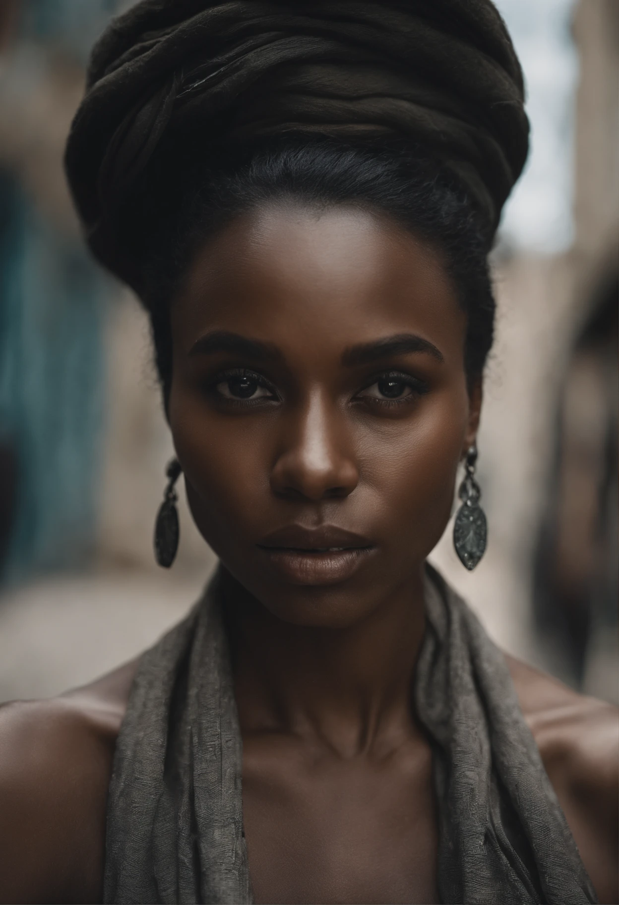 (best quality,8k,master part:1.3),foco nítido:1.2,Detailed portrait of a beautiful African-American woman with a haunting expression. Seu rosto exibe os efeitos do abuso de drogas - bochechas afundadas, olhos ocos, e pele desgastada. Apesar das lutas, There's a sense of resilience on his face. She's dressed in tattered clothes, reflecting your difficult circumstances. The background shows a run-down urban setting, portraying the stark contrast between his inner strength and the harsh realities of his life. Lighting emphasizes its characteristics, casting deep shadows to accentuate their struggles and journey. The color palette is muted, com toques de azuis e cinzas, symbolizing vulnerability and strength.