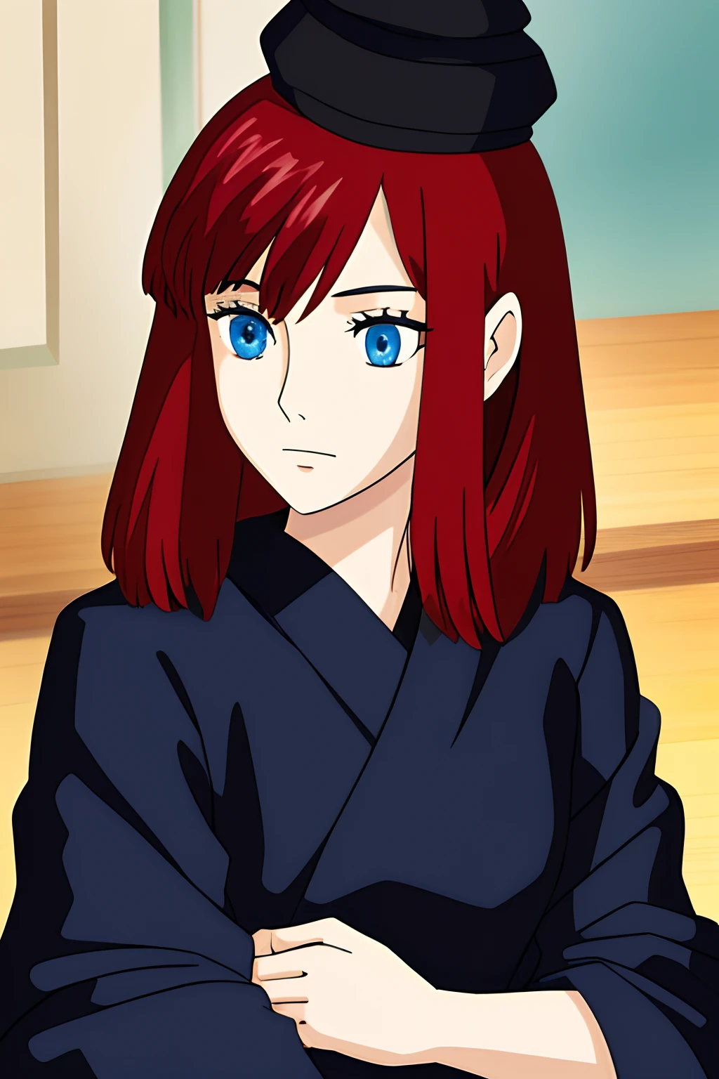 niji style, ghibli style, girl with black crown, red hair, blue eyes, black clothes