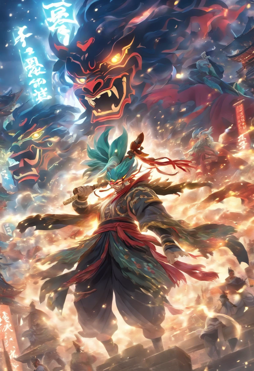 (((Rannya mask))) best quality, very high resolution, detailed CG in 4K, masterpiece,Raijin,storm,thunder, Shui mo Hua, Chinese tribes, Chinese city, forest, aesthetics, beautiful image, centered on screen, Whole body