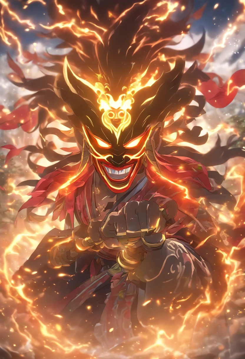 (((Rannya mask))) best quality, very high resolution, detailed CG in 4K, masterpiece,Raijin,storm,thunder, Shui mo Hua, Chinese tribes, Chinese city, forest, aesthetics, beautiful image, centered on screen, Whole body