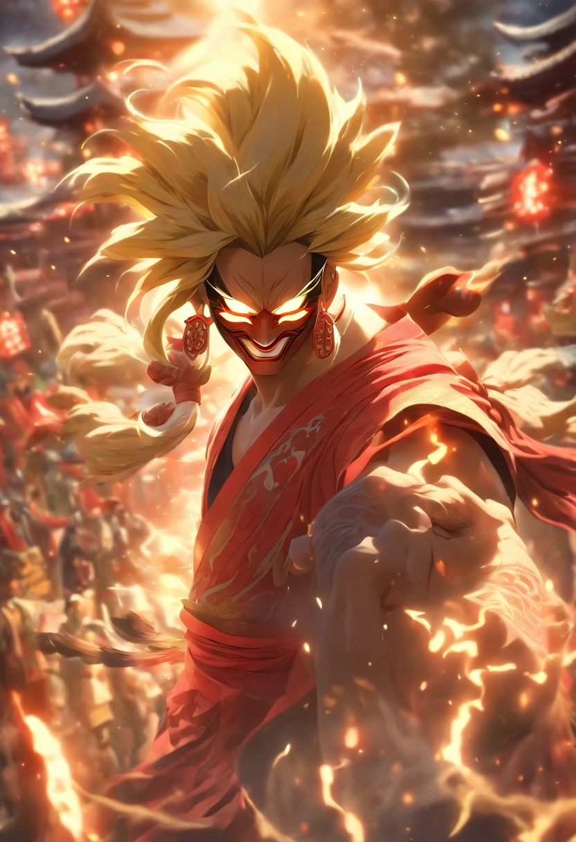 (((Rannya mask))) best quality, very high resolution, detailed CG in 4K, masterpiece,Raijin,storm,thunder, Shui mo Hua, Chinese tribes, Chinese city, forest, aesthetics, beautiful image, centered on screen, Whole body