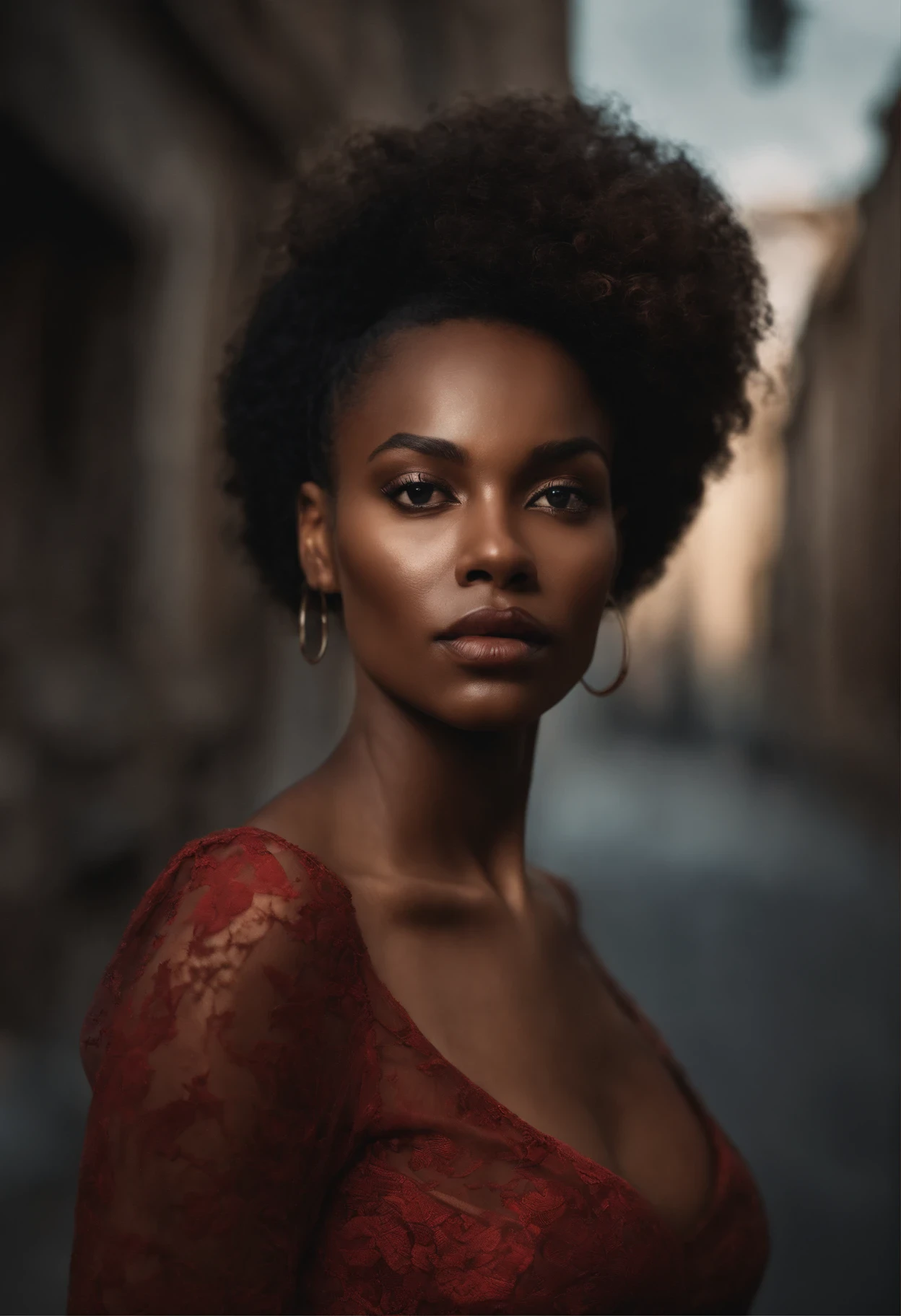 (Best quality,8k,Master part:1.3),mise au point nette:1.2,Detailed portrait of a beautiful African-American woman with a haunting expression. Son visage montre les effets de la toxicomanie - des joues creuses, Yeux creux, and worn skin. Despite the difficulties, There's a sense of resilience on his face. She is dressed in tattered clothes, reflecting your predicament. The background shows a dilapidated urban setting, depicting the stark contrast between her inner strength and the harsh realities of her life. Lighting emphasizes its characteristics, projetant des ombres profondes pour accentuer leurs luttes et leur parcours. La palette de couleurs est muette, avec des touches de bleus et de gris, symbolizing vulnerability and strength, corps parfait, generous breast, longue robe rouge sexy et exposant le corps, peau brillante.