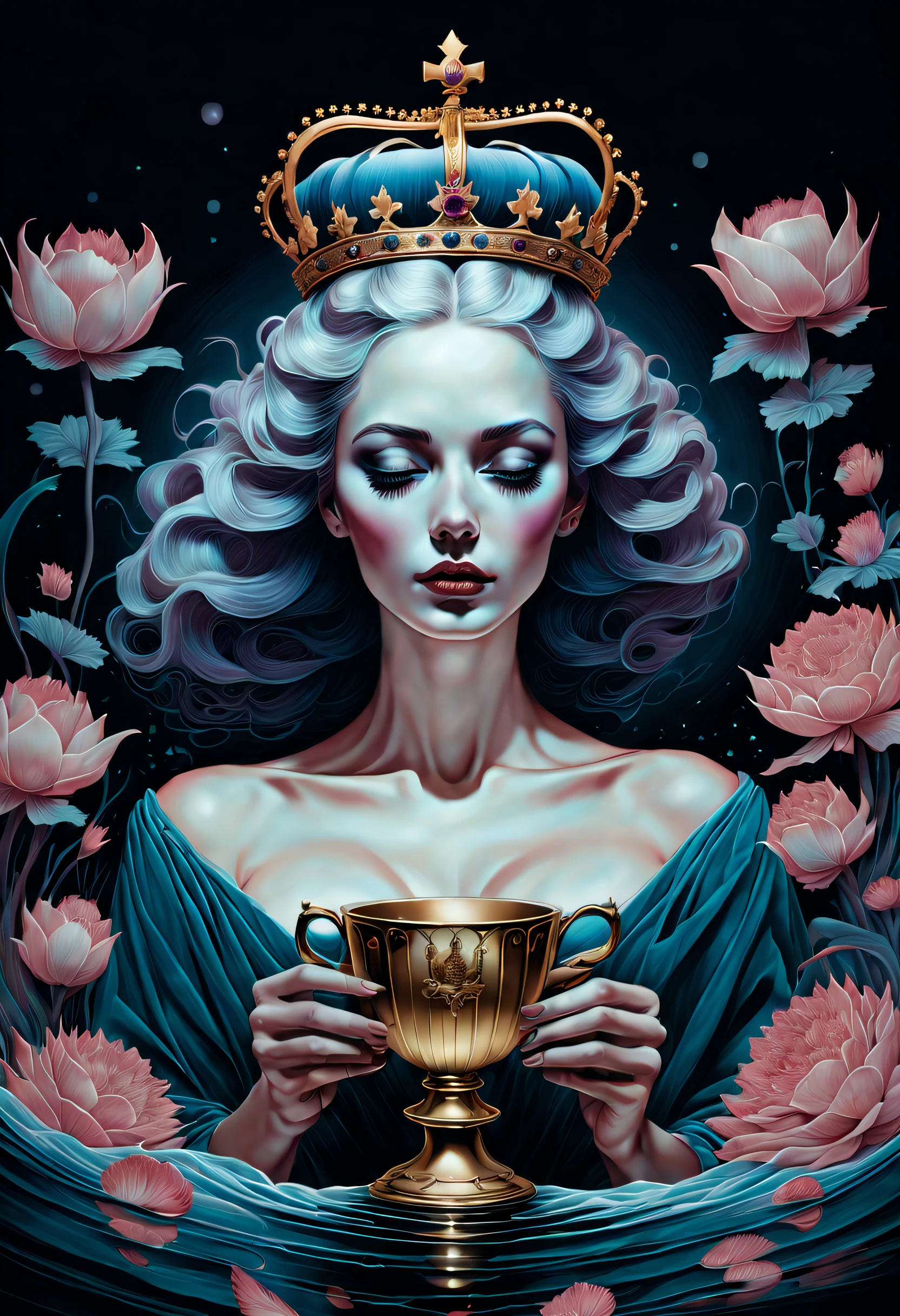 chiaroscuro technique on sensual illustration of an queen of cups, vintage queen, eerie, matte painting, by Hannah Dale, by Harumi Hironaka, extremely soft colors, hint of vibrant, highly detailed, digital artwork, high contrast, dramatic, refined, tonal, highest quality,anatomy correct,ultra-wide-angle,depth of fields