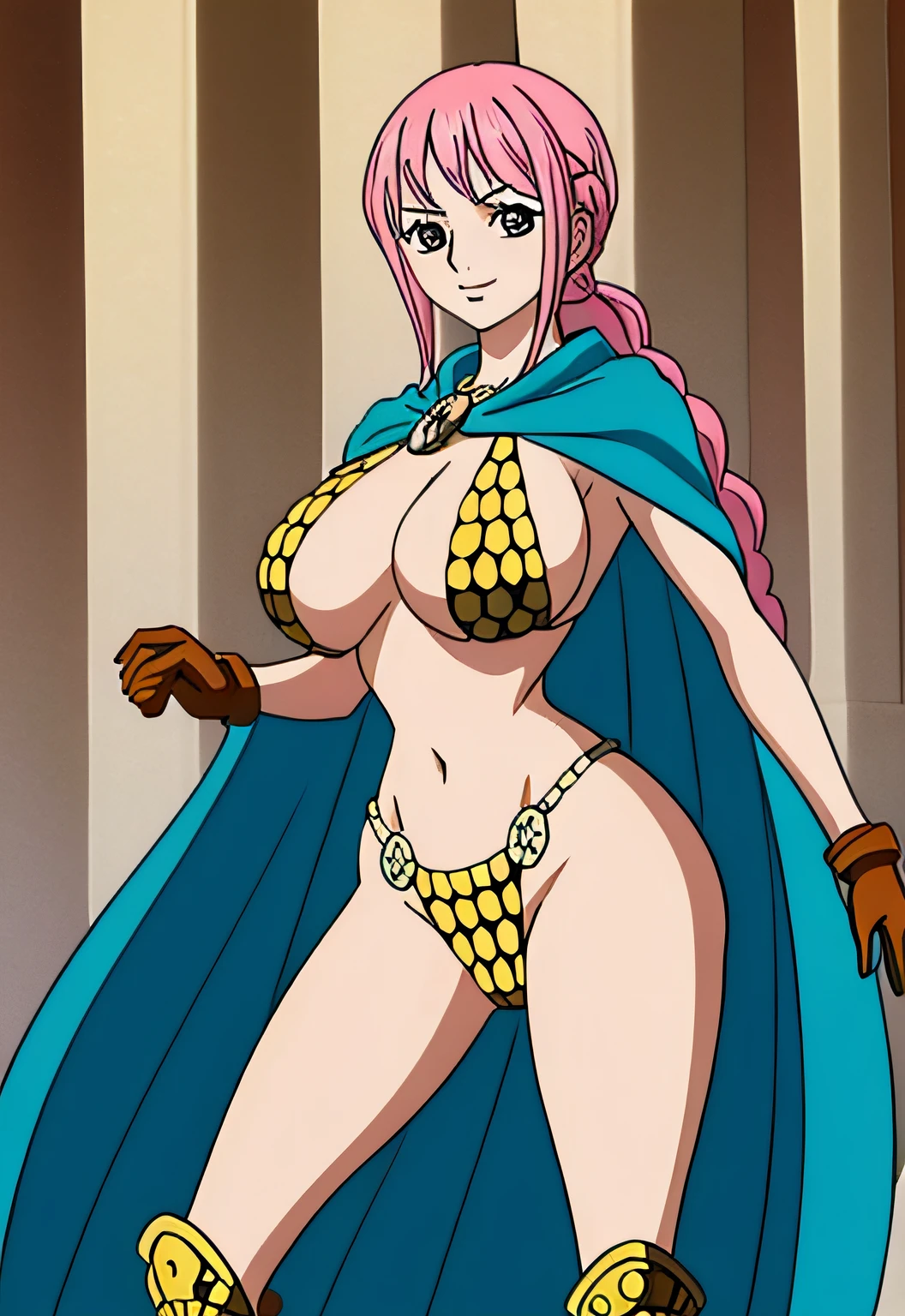 (masterpiece:1.2), best quality, a girl, armorRe, large breasts, pink hair, hip focus, pantyshot, standing, cape