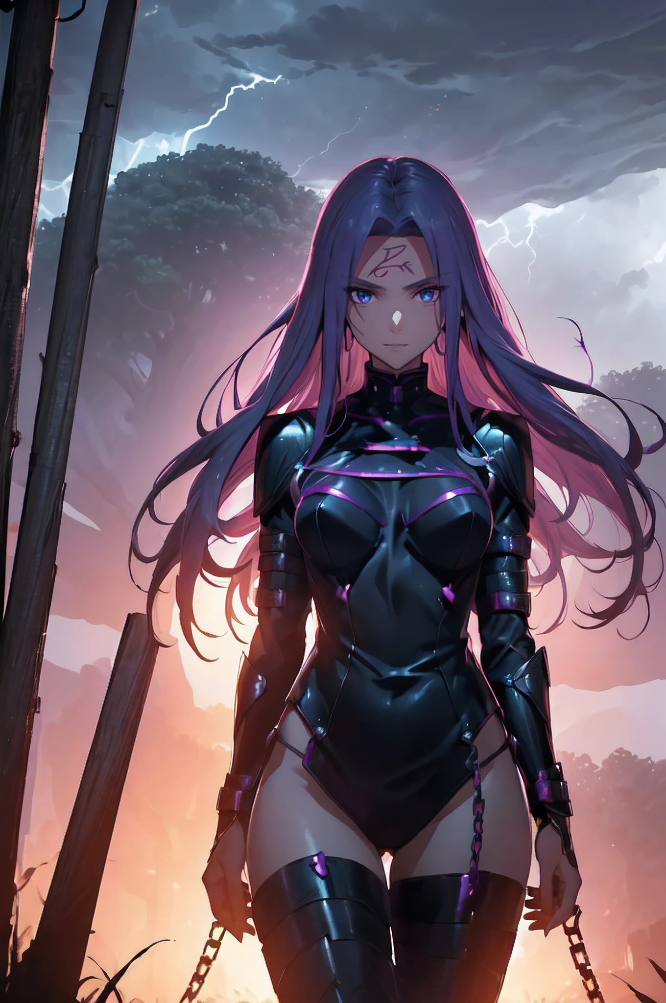 (masterpiece, best quality, high resolution:1.3), Rider/Medusa from Fate/Stay Night, (exquisitely beautiful:1.3), (exceptionally detailed:1.3), (intricately designed costume and armor:1.2), dual-wielding daggers with (sinister chains extending from their bases:1.2), (engravings of mythical serpents on dagger blades:1.1), (flowing ethereal chains creating a sense of movement:1.1), (deep purple eyes with intricate details:1.3), imposing presence, (threatening aura:1.2), (subtle wind-caressed strands of hair:1.1), (immersive and captivating background:1.2), (an ancient battlefield with remnants of defeated foes:1.1), (ominous storm clouds gathering in the sky:1.2), (best lighting conditions with flashes of lightning:1.2), (Fate/Stay Night's top-tier character rendering:1.1), (ambient lighting accentuating character's beauty:1.2), (Sony A7R IV camera for unparalleled quality:1.2), (paired with a Sony FE 85mm f/1.4 GM lens:1.2), (capturing the nuanced details of the character design:1.1), (enhancing the immersive and threatening atmosphere:1.1), (delivering an image of extraordinary beauty and intensity:1.1).