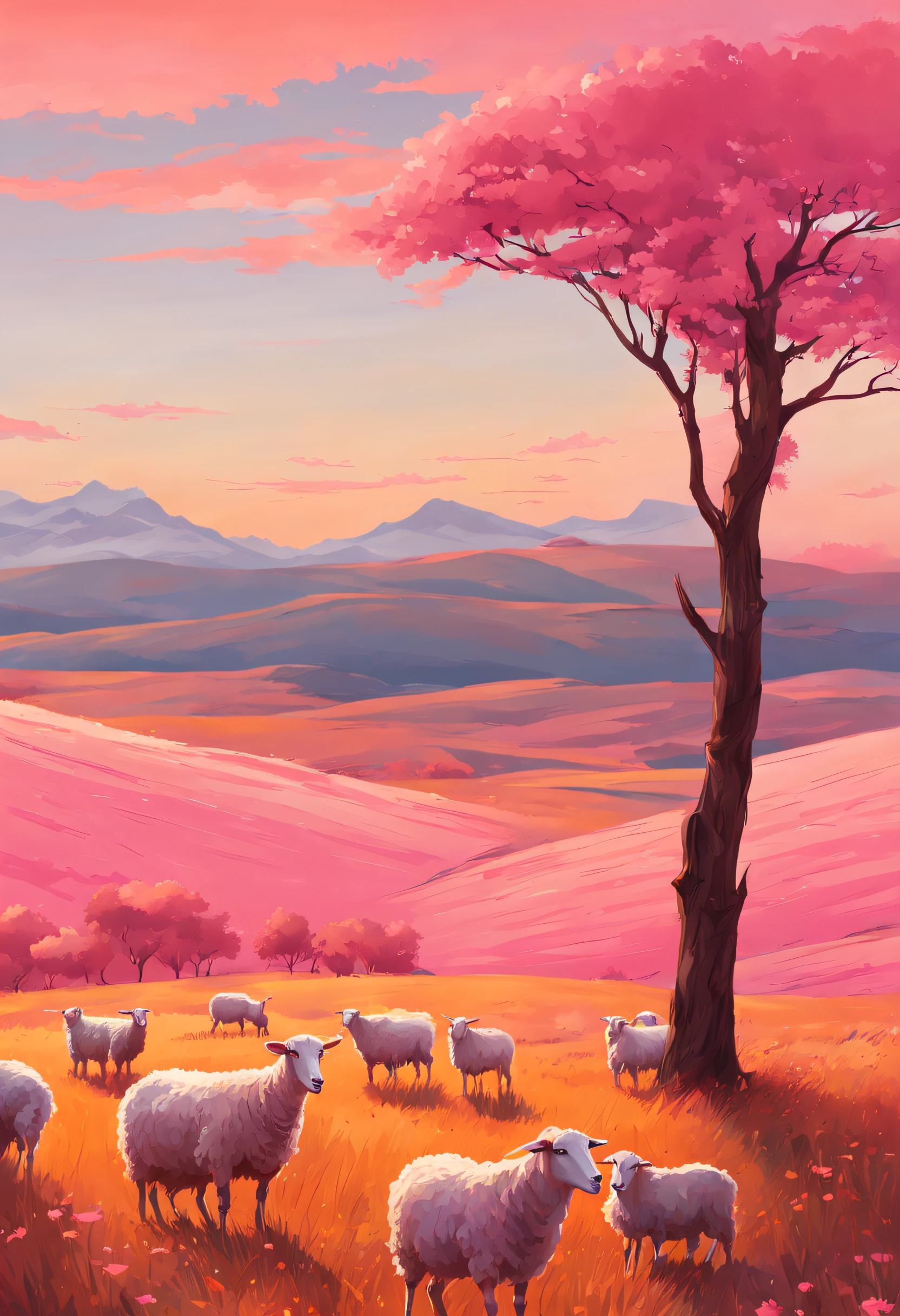 A vast plain stretched out in the golden evening light, with flocks of sheep and goats grazing serenely under a sky of pink and orange hues. Montanhas distantes se erguiam como sentinelas silenciosas, enquanto um riacho serpenteava entre as pedras, echoing Jacob's journey in search of his inheritance. imagem estilo anime