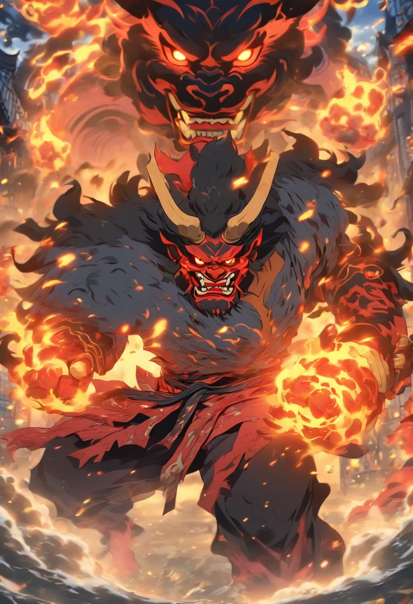 (((Oni))) best quality, very high resolution, detailed CG in 4K, masterpiece, Raijin, storm, thunder, Shui mo Hua, Chinese tribes, Chinese city, forest, aesthetics, beautiful image, centered on screen, whole the body