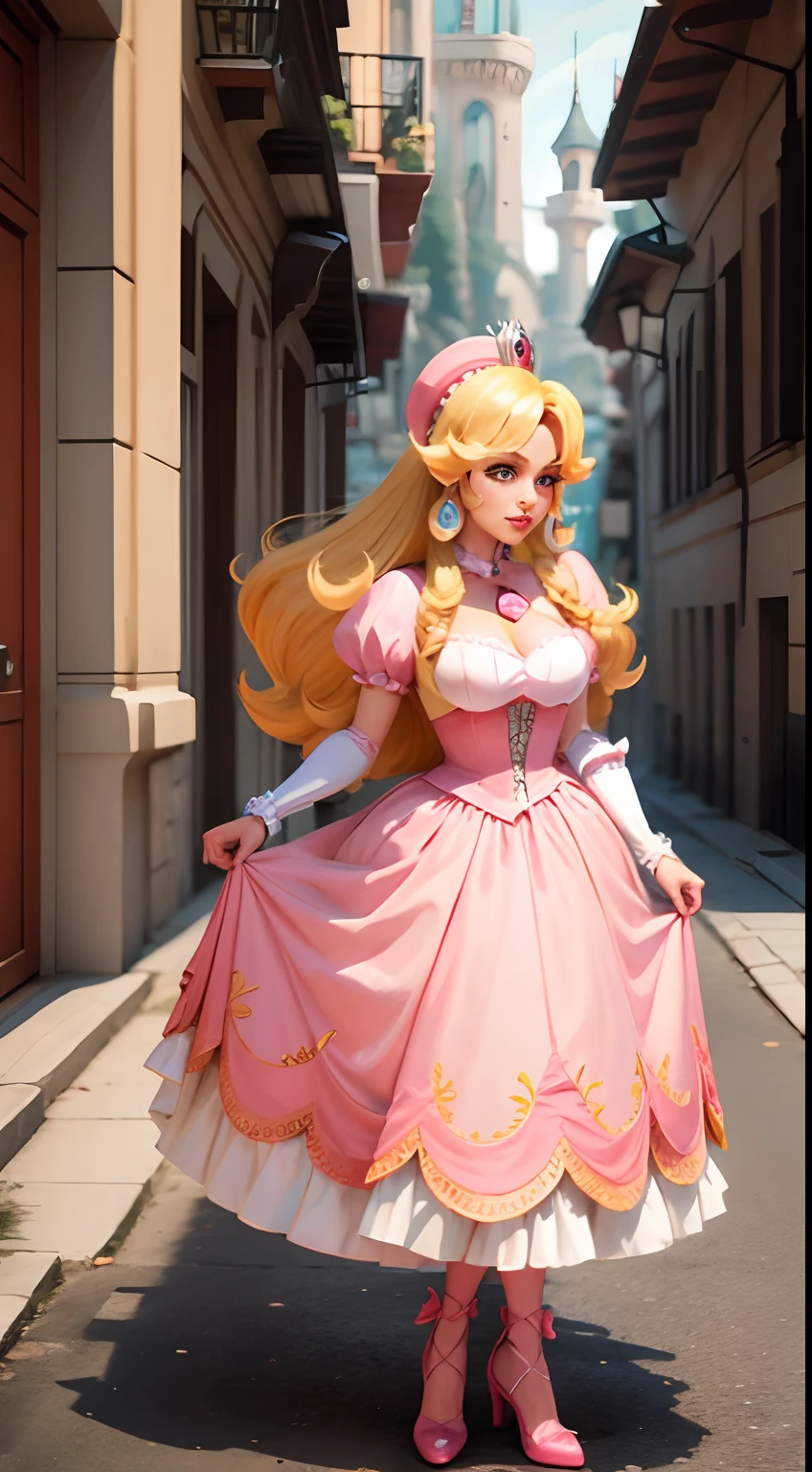 Princesa peach de mario Bros com roupas modernas.