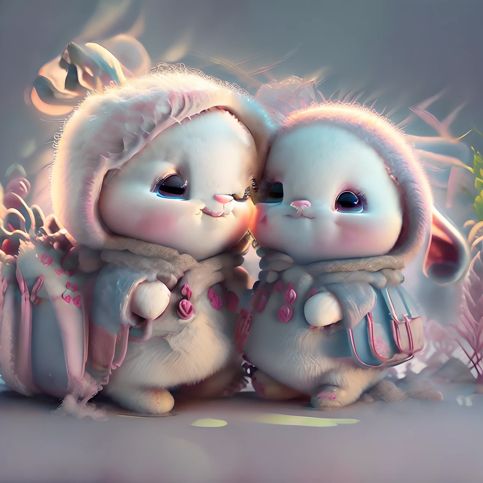 super cute RABBIT rendered in the style of pixar cartoon, full body, shiny and fluffy, bright big eyes, fluffy tail, sweet smile, energetic and playful, exaggerated facial expression, Delicate and exquisite, Fairytale, incredibly high detail, bright colors, natural light, solid color background, octane rendering, very popular at art stations, gorgeous, ultra wide angle