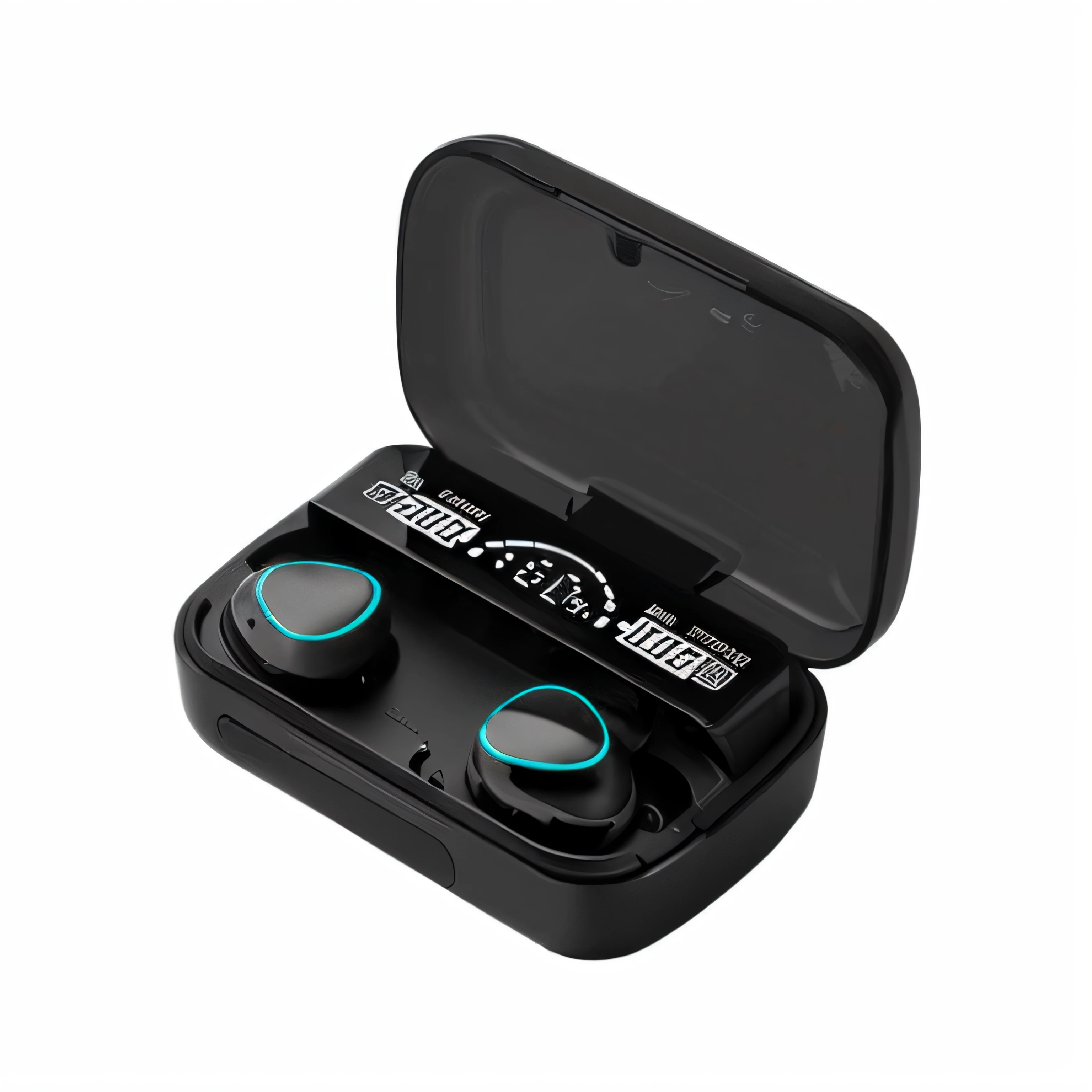 A photorealistic image of a pair of TWS Bluetooth 5.1 headphones. The headphones are in a sporty design, with a black and orange color scheme. The headphones are sitting on a white background, with the name of the product prominently displayed. The headphones are in the center of the image, with enough space around them to allow the viewer to focus on the details. The lighting is diffused and soft, creating a professional look.