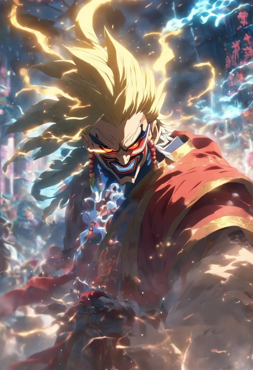 (((Rannya mask))) best quality, very high resolution, detailed CG in 4K, masterpiece,Raijin,storm,thunder, Shui mo Hua, Chinese tribes, Chinese city, forest, aesthetics, beautiful image, centered on screen, Whole body