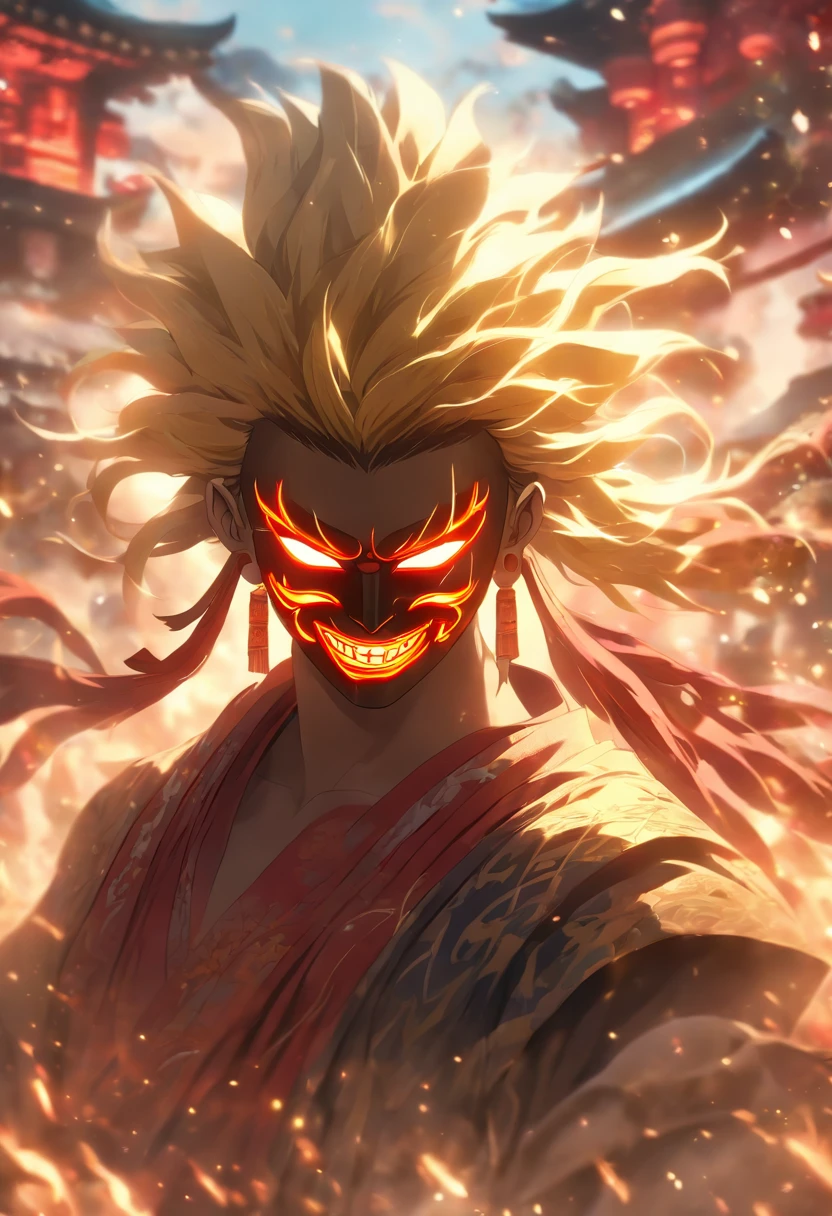 (((Rannya mask))) best quality, very high resolution, detailed CG in 4K, masterpiece,Raijin,storm,thunder, Shui mo Hua, Chinese tribes, Chinese city, forest, aesthetics, beautiful image, centered on screen, Whole body